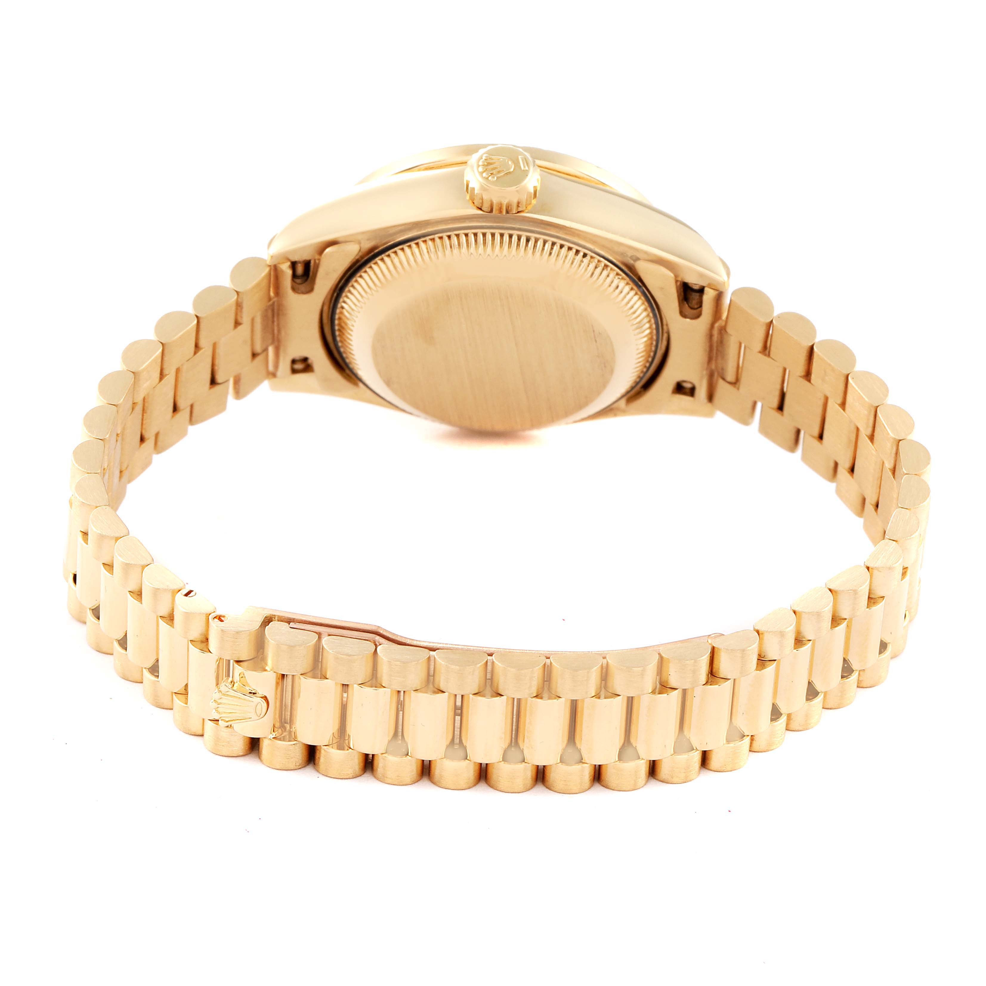 The image shows the back and bracelet of a Rolex President 69138 Women's Yellow Gold Black Dial 69138 Women's Yellow Gold Black Dial model watch from a rear angle.