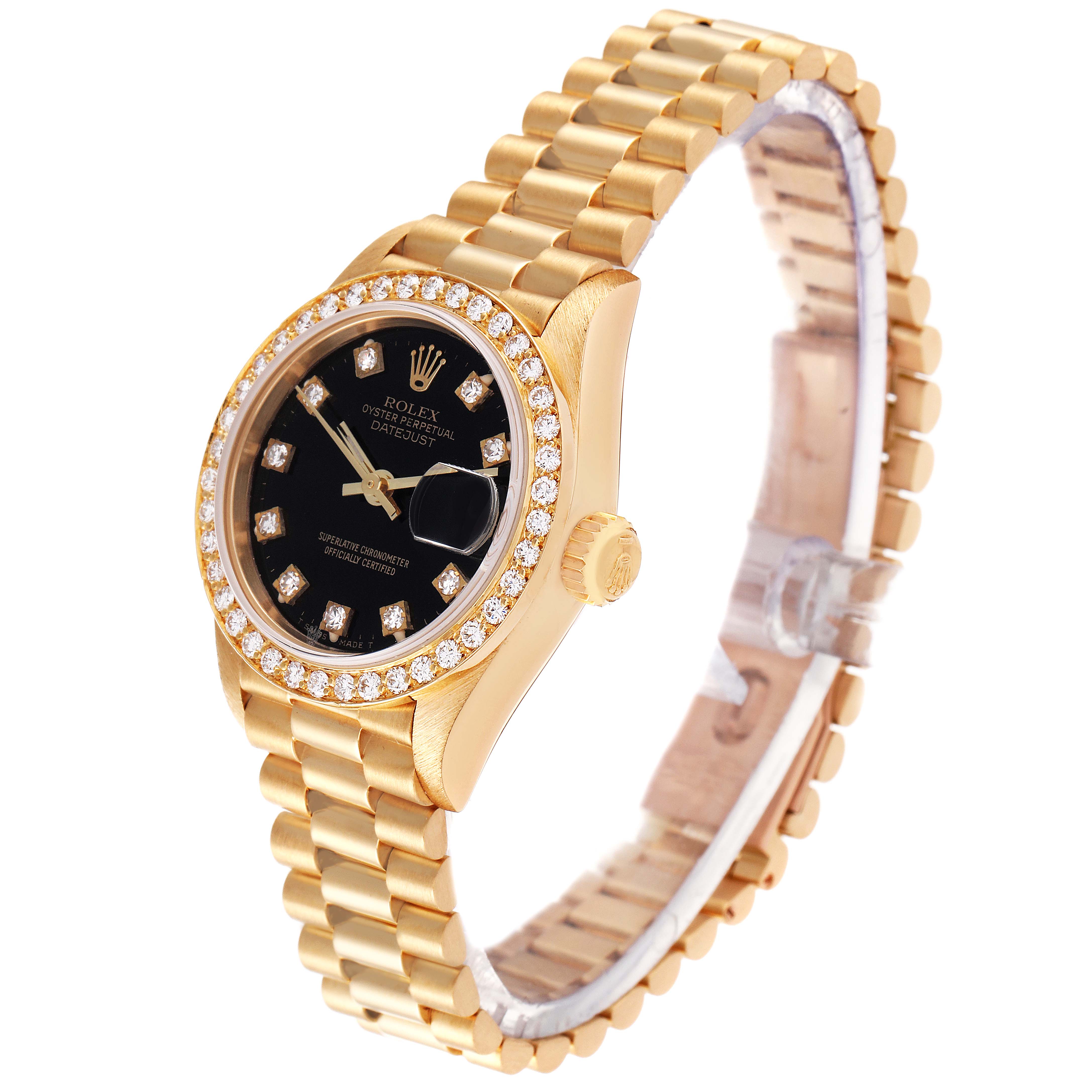 The image features a Rolex President 69138 Women's Yellow Gold Black Dial 69138 Women's Yellow Gold Black Dial model watch showing the face, diamond bezel, crown, and gold bracelet at an angled view.