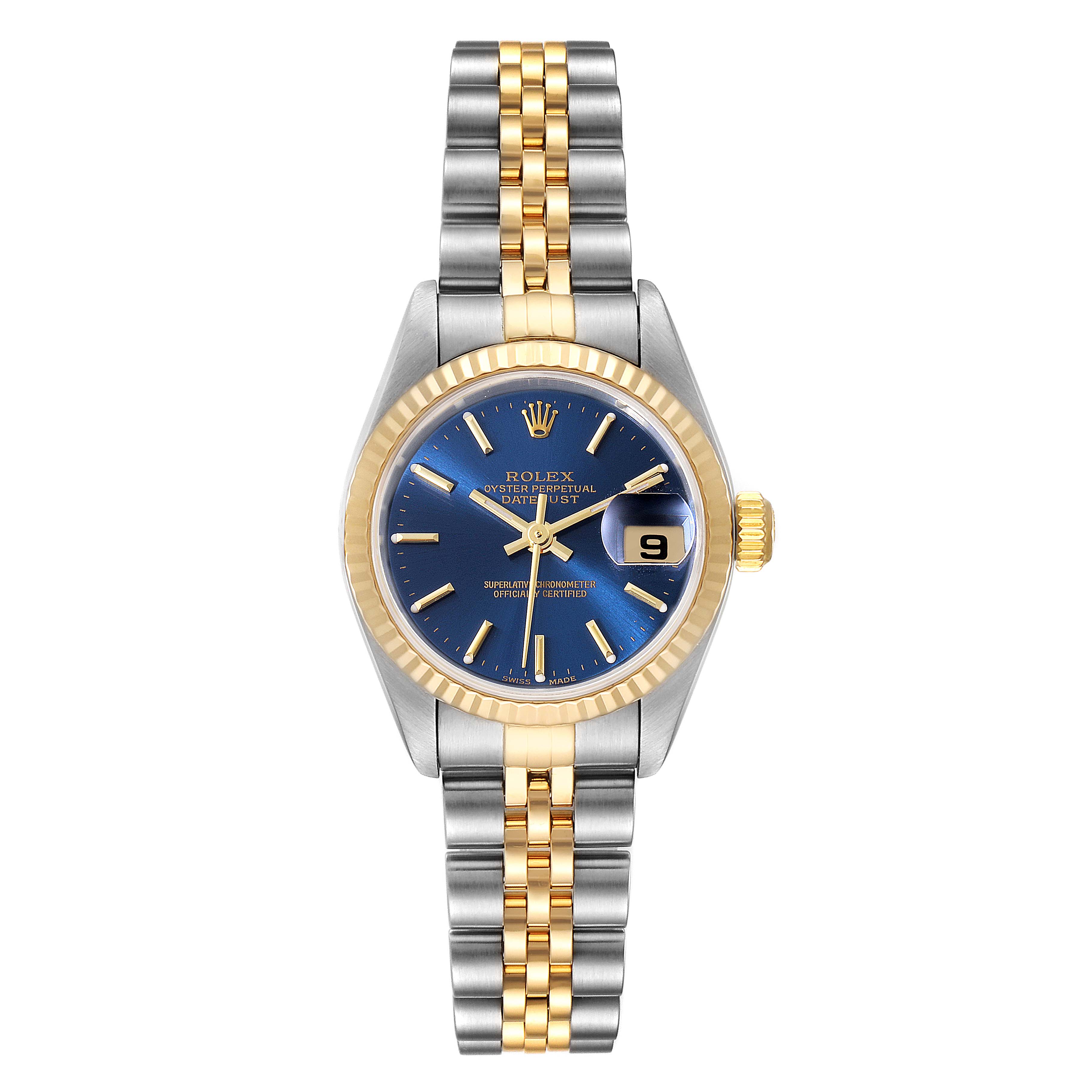 This image shows a front view of a Rolex Datejust 79173 Women's Steel and Gold (two tone) Blue Dial 79173 Women's Steel and Gold (two tone) Blue Dial watch with a blue dial, gold fluted bezel, and two-tone metal bracelet.