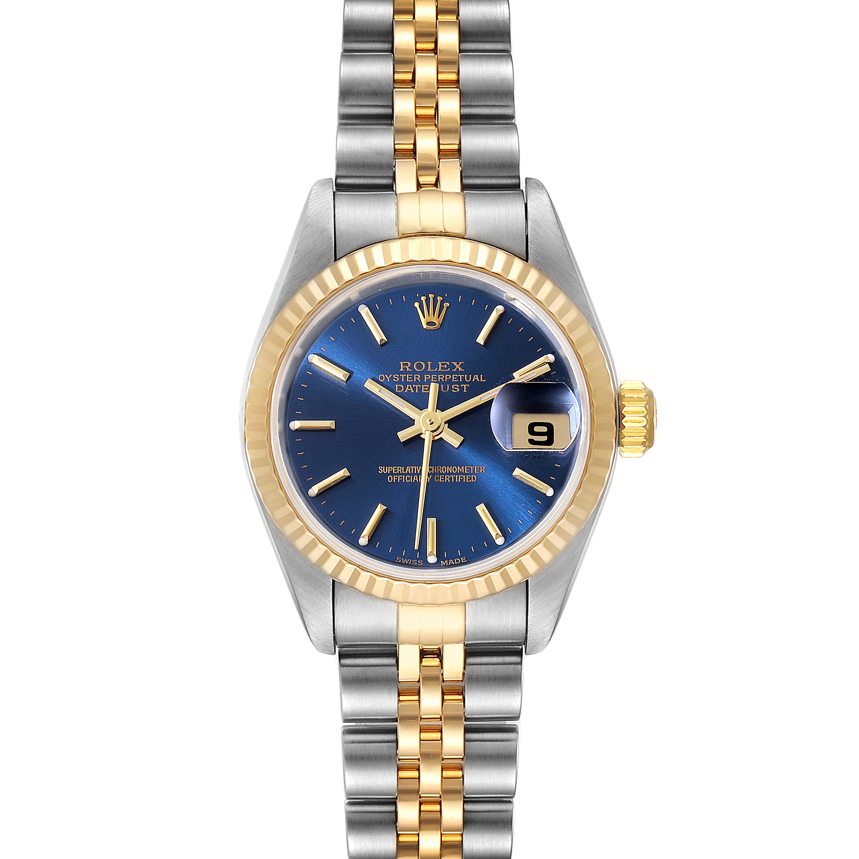This image shows a front view of a Rolex Datejust 79173 Women's Steel and Gold (two tone) Blue Dial 79173 Women's Steel and Gold (two tone) Blue Dial watch, highlighting the blue dial, gold fluted bezel, and two-tone bracelet.