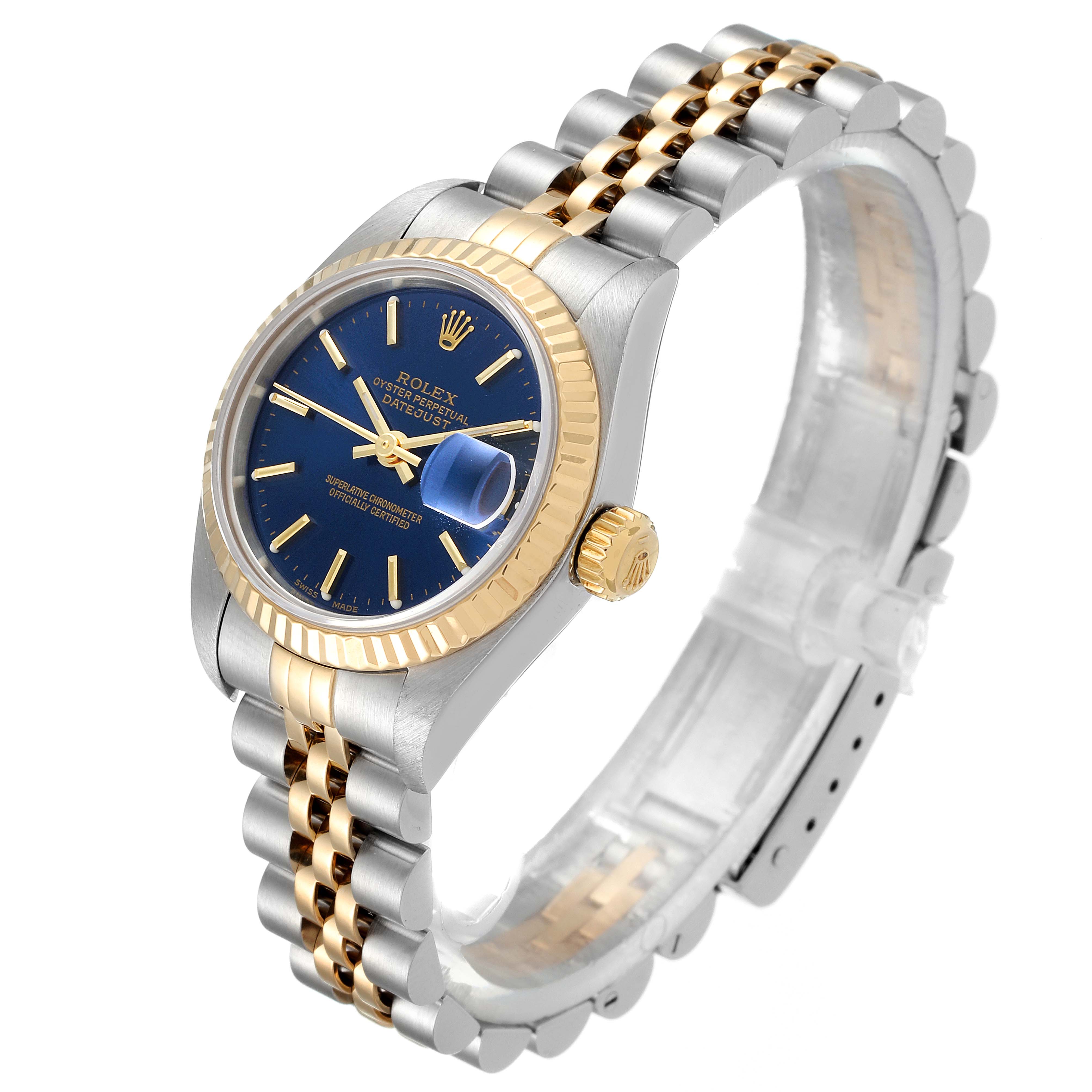 The image shows a Rolex Datejust 79173 Women's Steel and Gold (two tone) Blue Dial 79173 Women's Steel and Gold (two tone) Blue Dial watch with a blue dial, fluted bezel, and two-tone Jubilee bracelet, angled from the front-left.