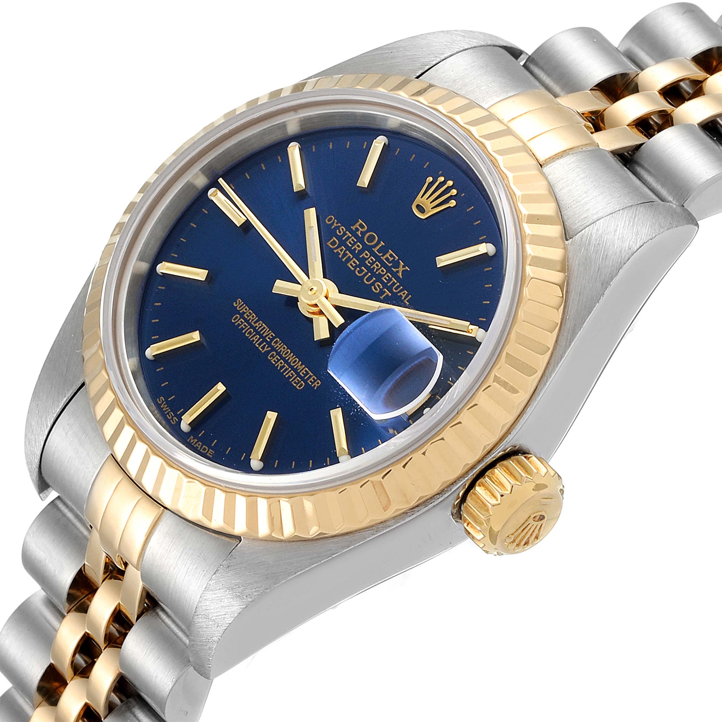 The image shows a close-up angled view of a Rolex Datejust 79173 Women's Steel and Gold (two tone) Blue Dial 79173 Women's Steel and Gold (two tone) Blue Dial watch, featuring its blue dial, gold bezel, crown, and part of the two-tone bracelet.