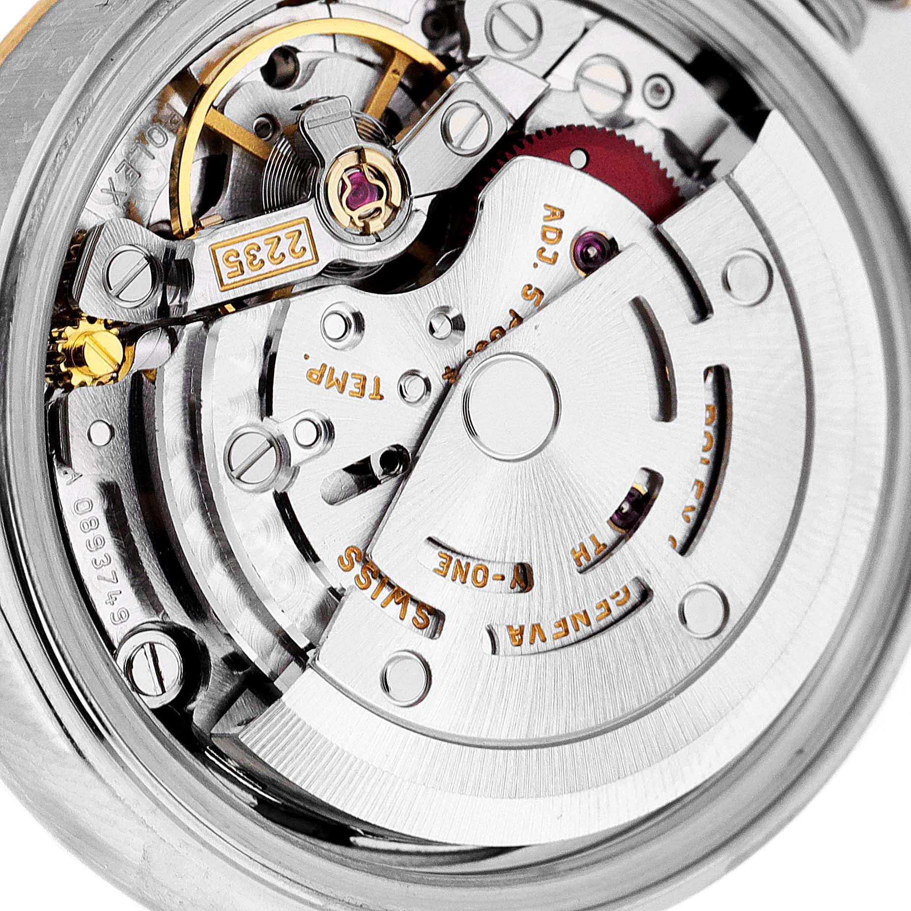 This image shows the movement and internal mechanics of a Rolex Datejust 79173 Women's Steel and Gold (two tone) Blue Dial 79173 Women's Steel and Gold (two tone) Blue Dial model watch from a close-up angle.