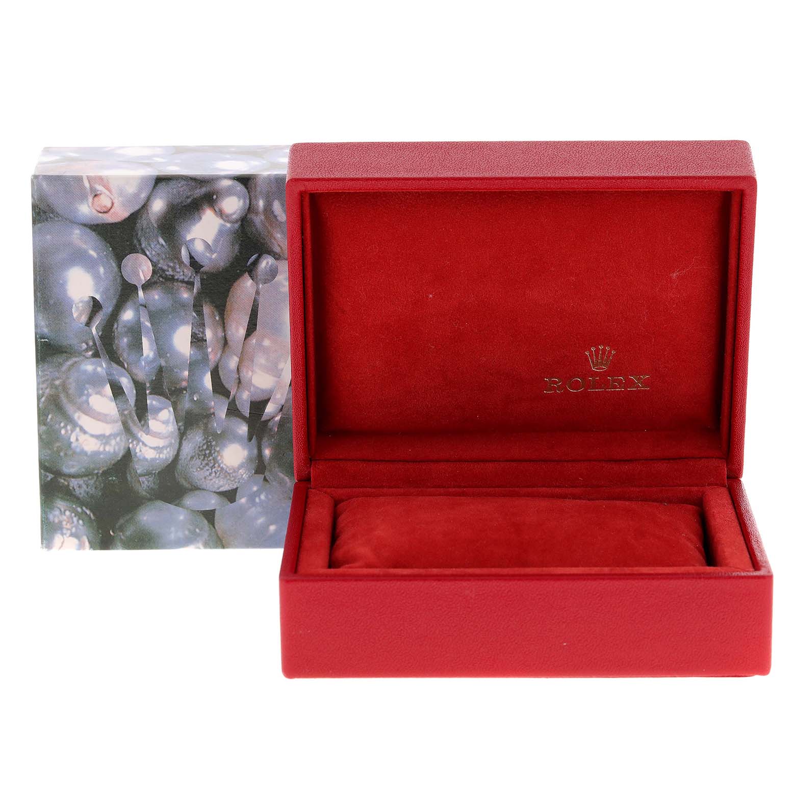 The image shows an open red Rolex Datejust 79173 Women's Steel and Gold (two tone) Blue Dial 79173 Women's Steel and Gold (two tone) Blue Dial watch box with an outer decorative sleeve; the box is empty.