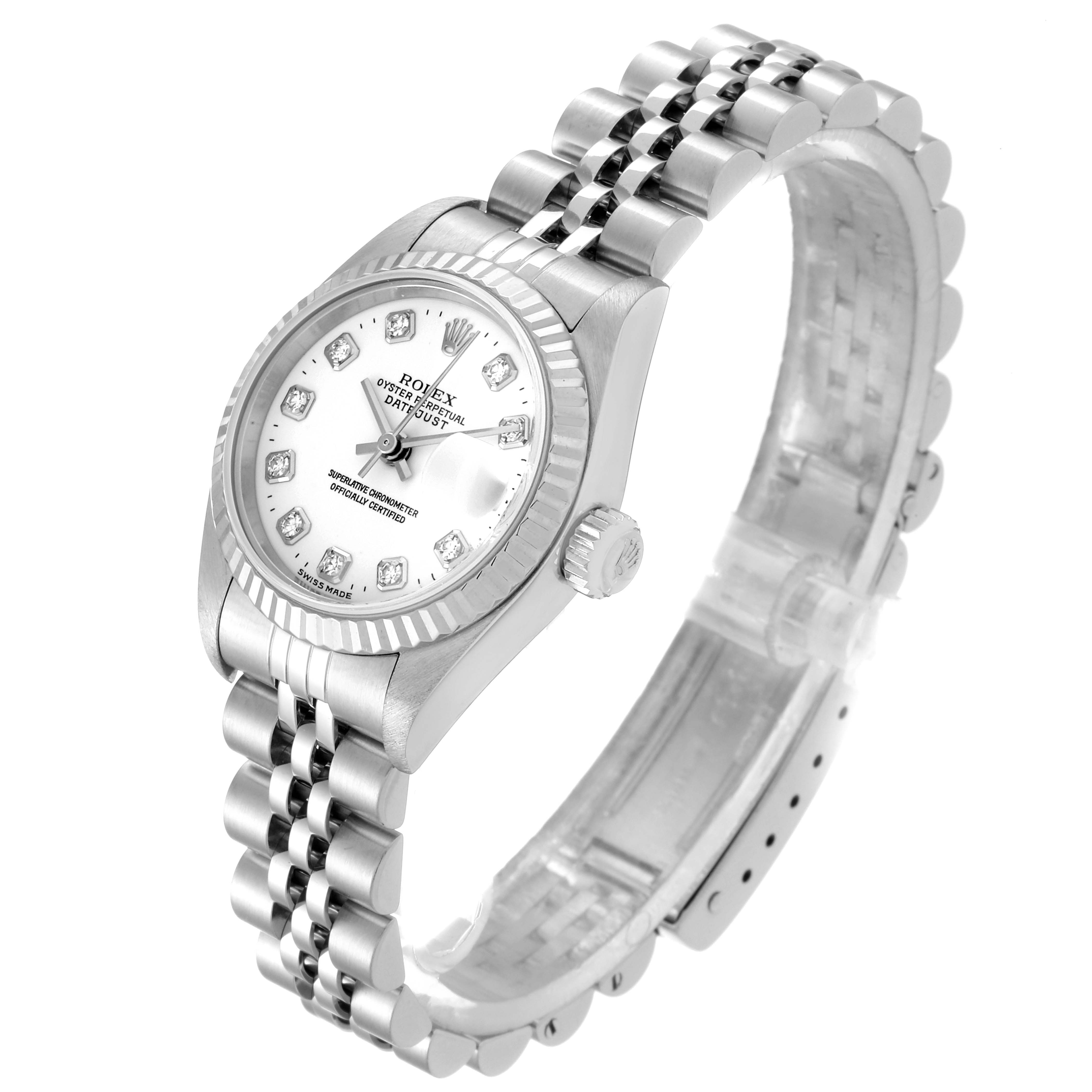 The image shows a Rolex Datejust 79174 Women's Stainless Steel White Dial 79174 Women's Stainless Steel White Dial watch at a slight angle, highlighting its face, bezel, and bracelet.