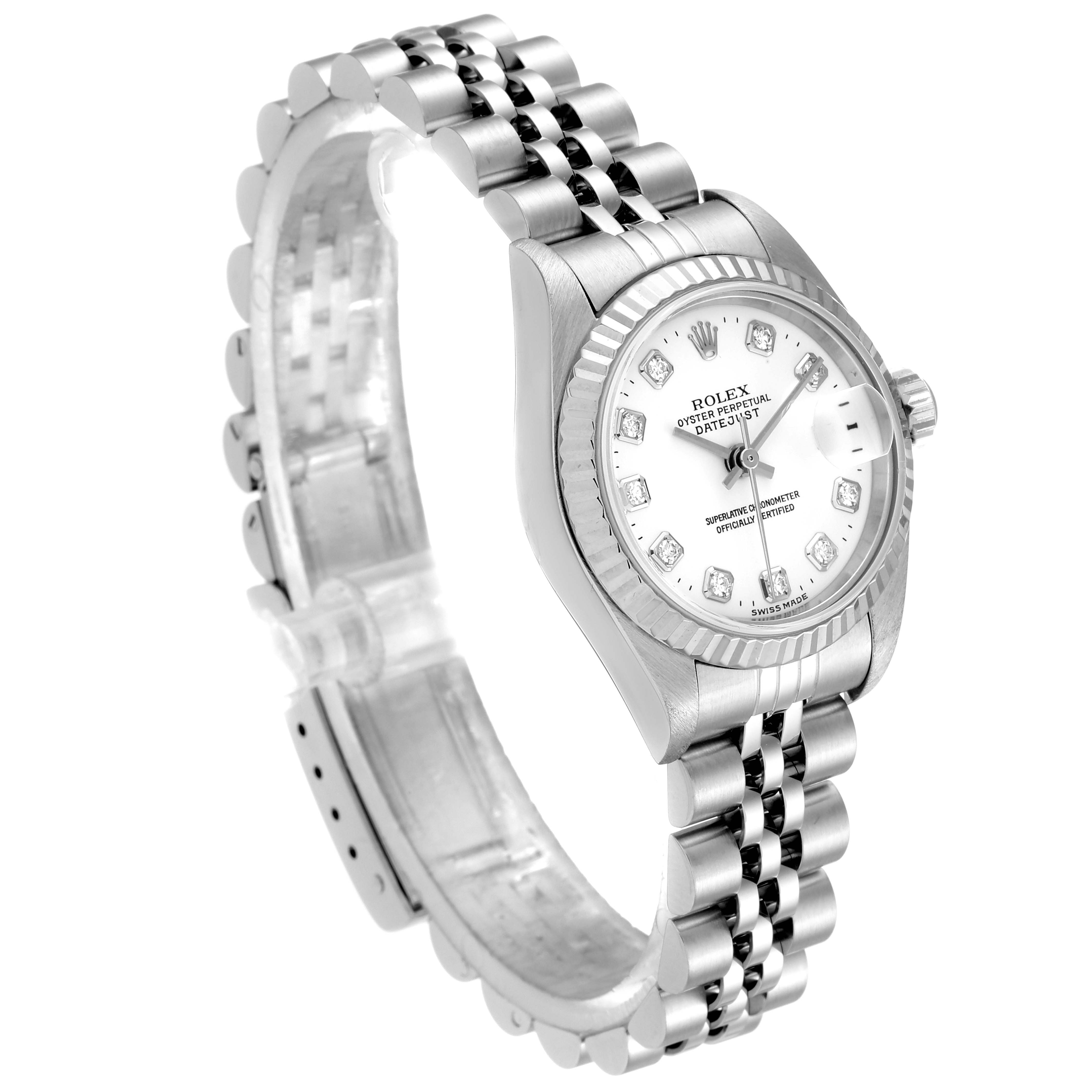 This image shows a Rolex Datejust 79174 Women's Stainless Steel White Dial 79174 Women's Stainless Steel White Dial watch at a 3/4 angle, highlighting its face and bracelet.
