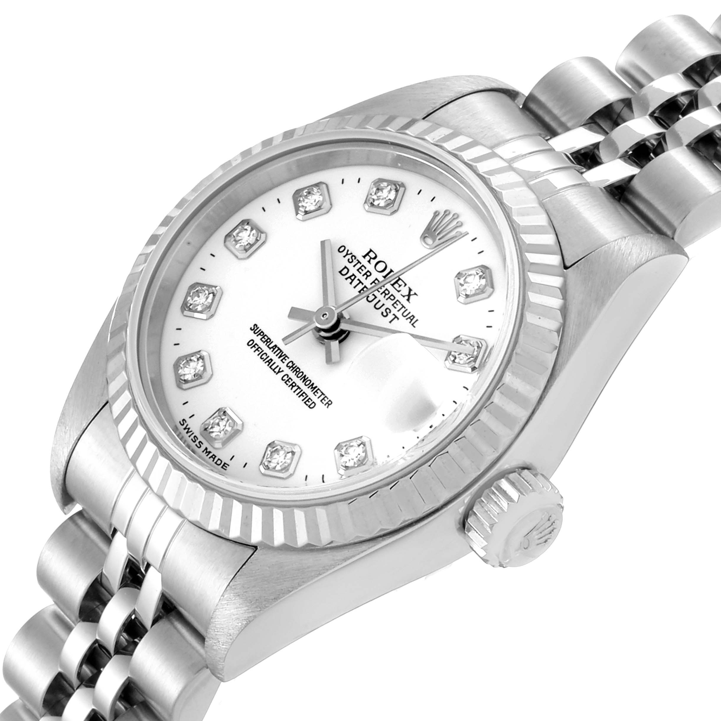 The image shows a close-up, angled view of the Rolex Datejust 79174 Women's Stainless Steel White Dial 79174 Women's Stainless Steel White Dial watch, highlighting the dial, bezel, crown, and part of the bracelet.