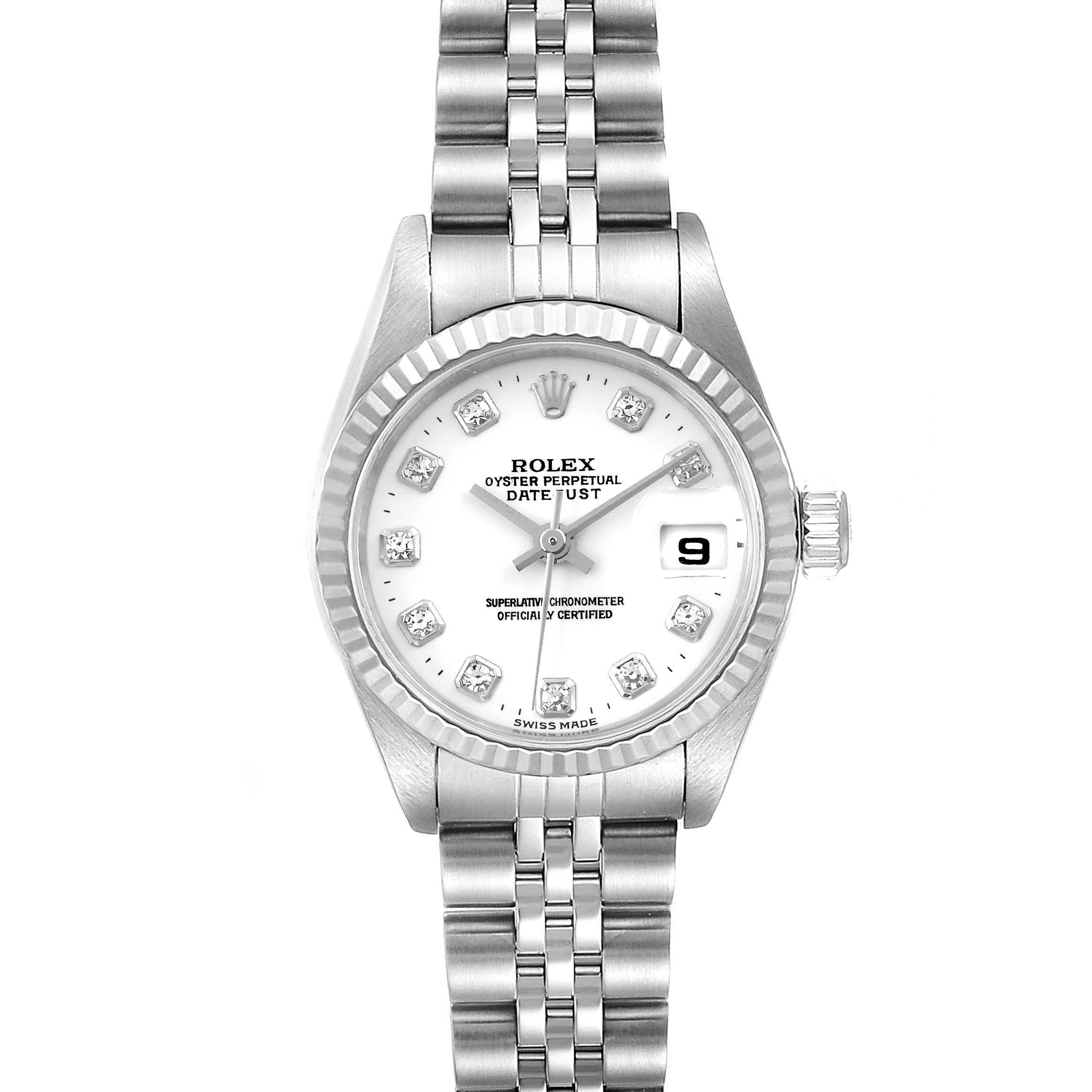 The Rolex Datejust 79174 Women's Stainless Steel White Dial 79174 Women's Stainless Steel White Dial watch is shown from the front, displaying its bracelet, dial, bezel, hands, and date window.