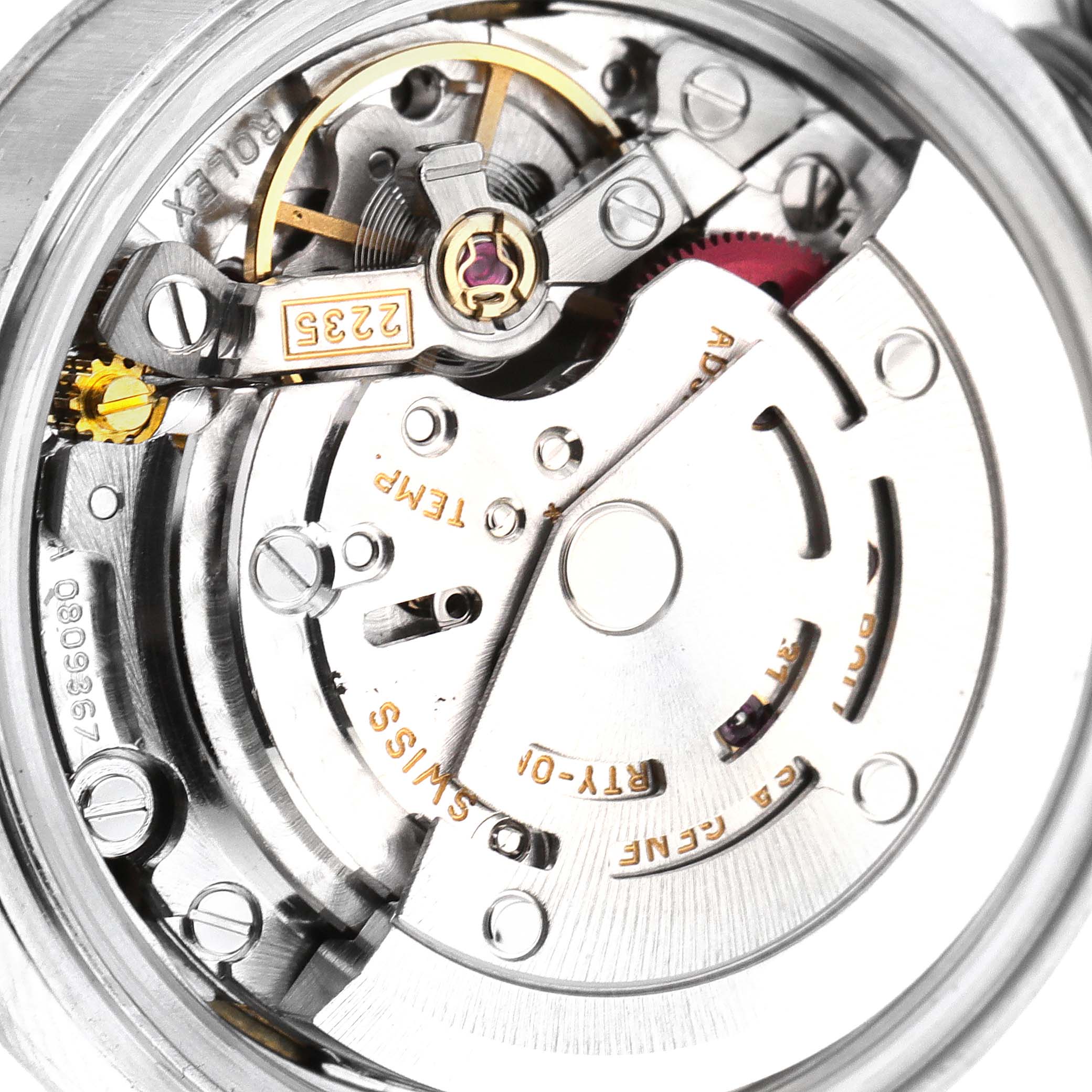 This image shows the intricate internal movement mechanism of a Rolex Datejust 79174 Women's Stainless Steel White Dial 79174 Women's Stainless Steel White Dial watch.