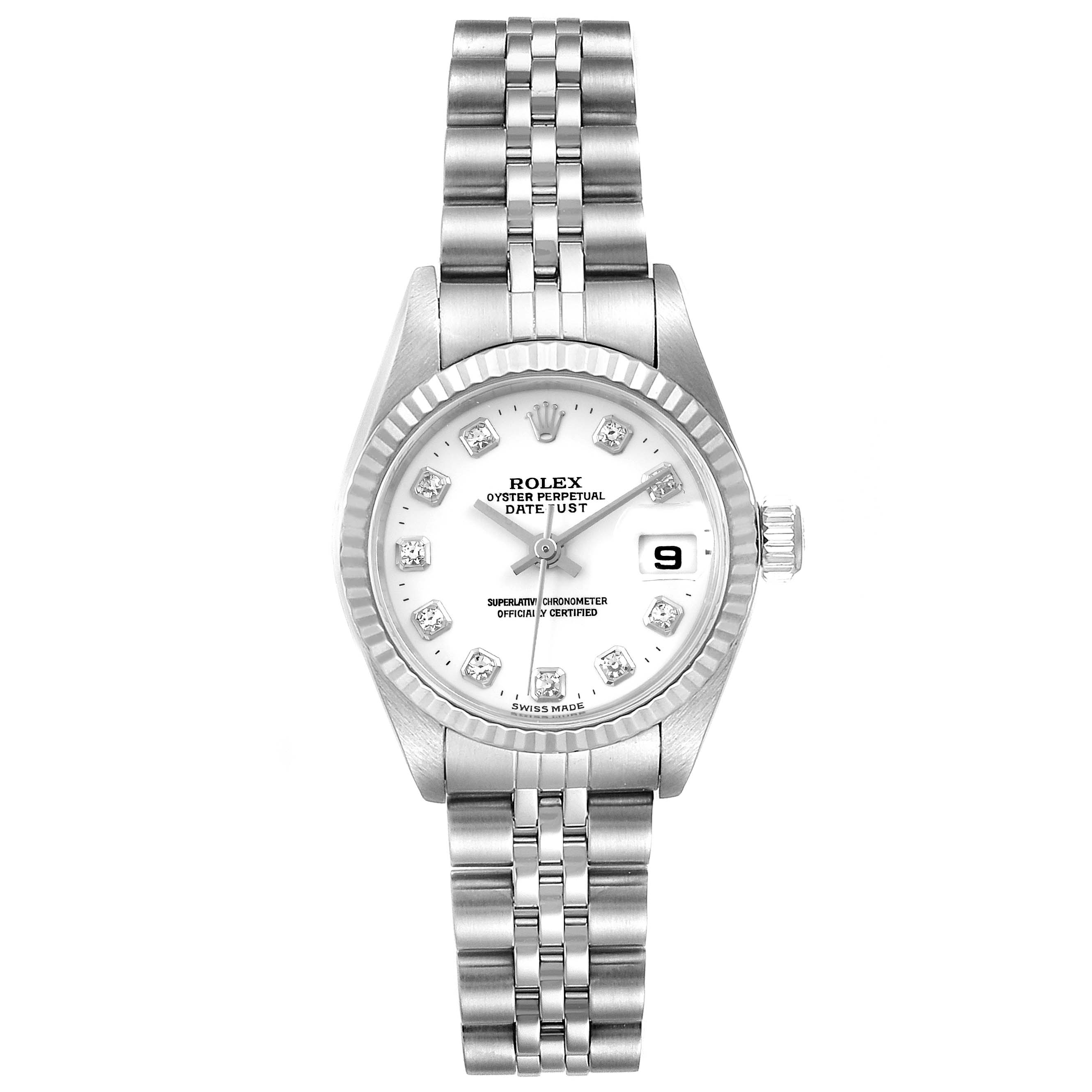 The image shows a frontal view of a Rolex Datejust 79174 Women's Stainless Steel White Dial 79174 Women's Stainless Steel White Dial watch, displaying its face, dial, bezel, and stainless steel bracelet.