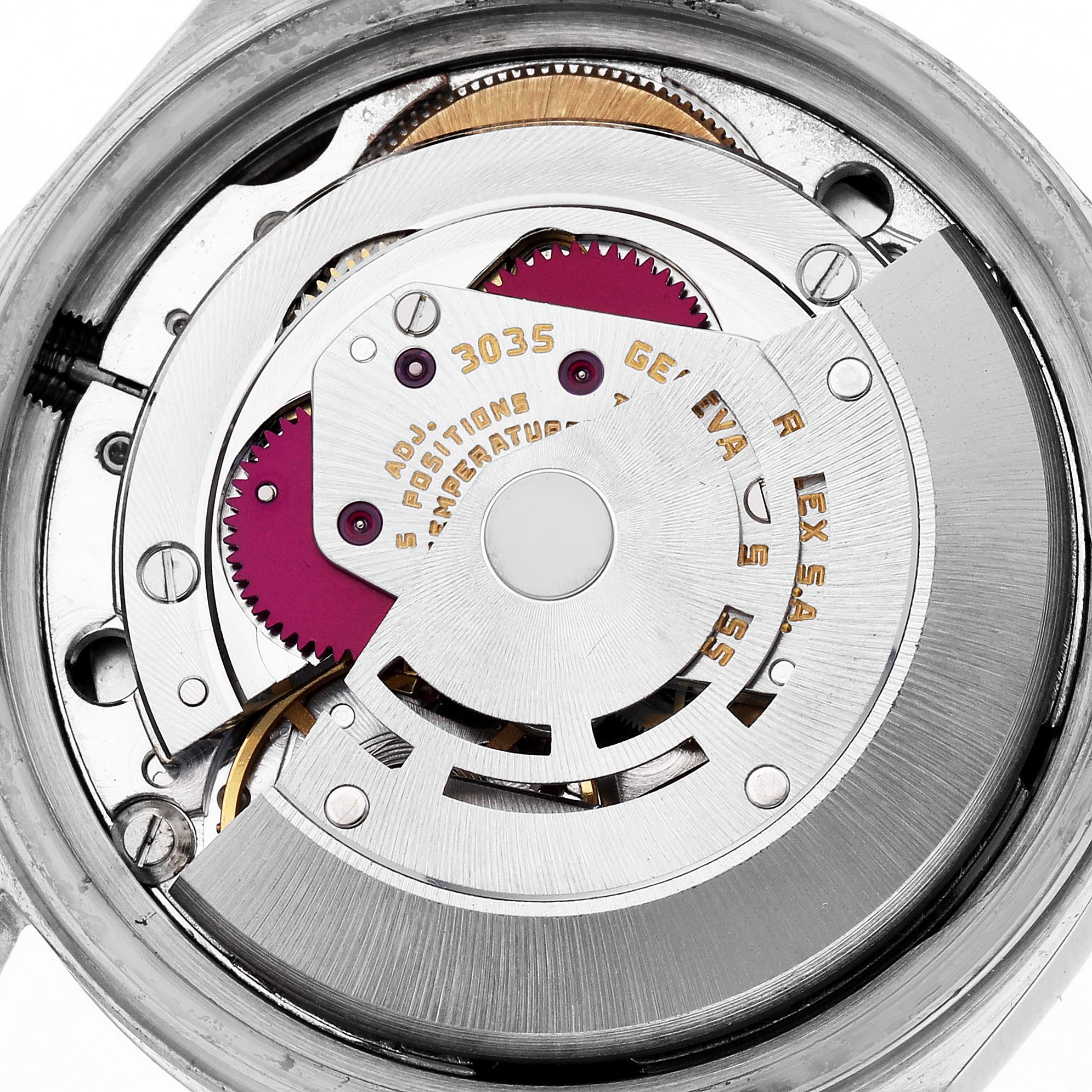 The image shows the movement mechanism of a Rolex Datejust 16014 Men's Stainless Steel Silver Dial 16014 Men's Stainless Steel Silver Dial, highlighting gears, rotors, and inscriptions.
