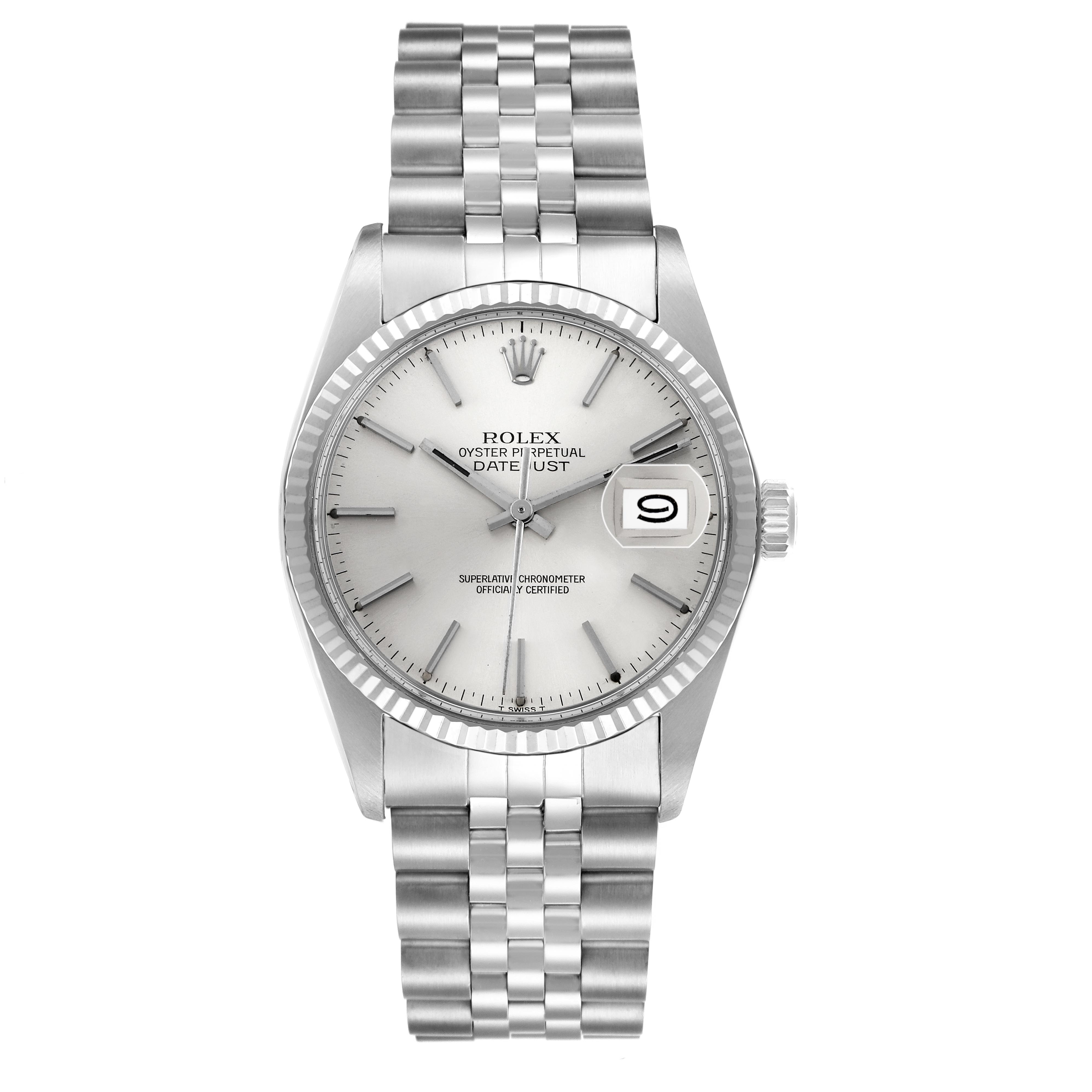 The Rolex Datejust 16014 Men's Stainless Steel Silver Dial 16014 Men's Stainless Steel Silver Dial watch is shown from a top-down angle, highlighting the dial, bezel, and Jubilee bracelet.