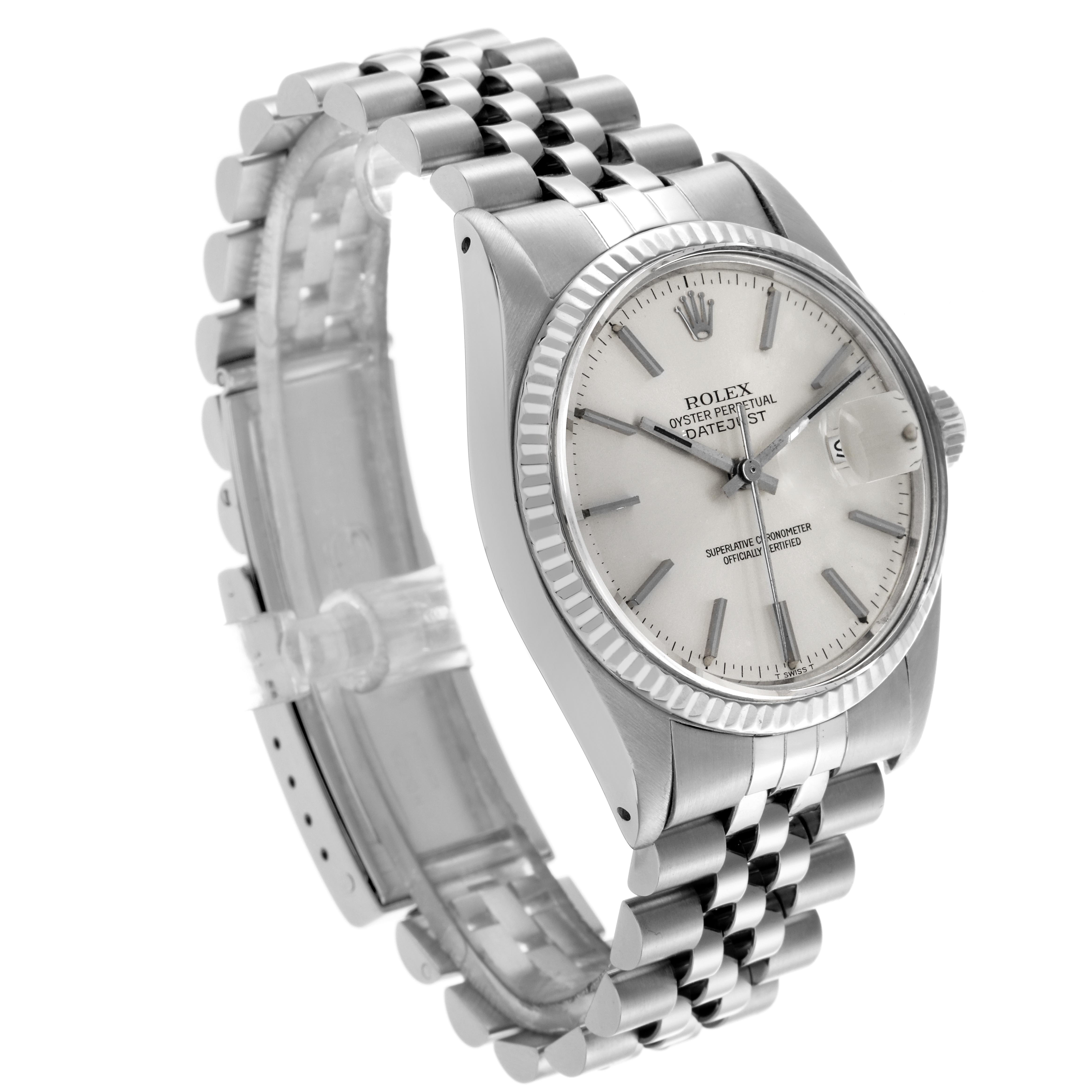 The Rolex Datejust 16014 Men's Stainless Steel Silver Dial 16014 Men's Stainless Steel Silver Dial watch is shown at a three-quarter angle revealing the dial, fluted bezel, and Jubilee bracelet.