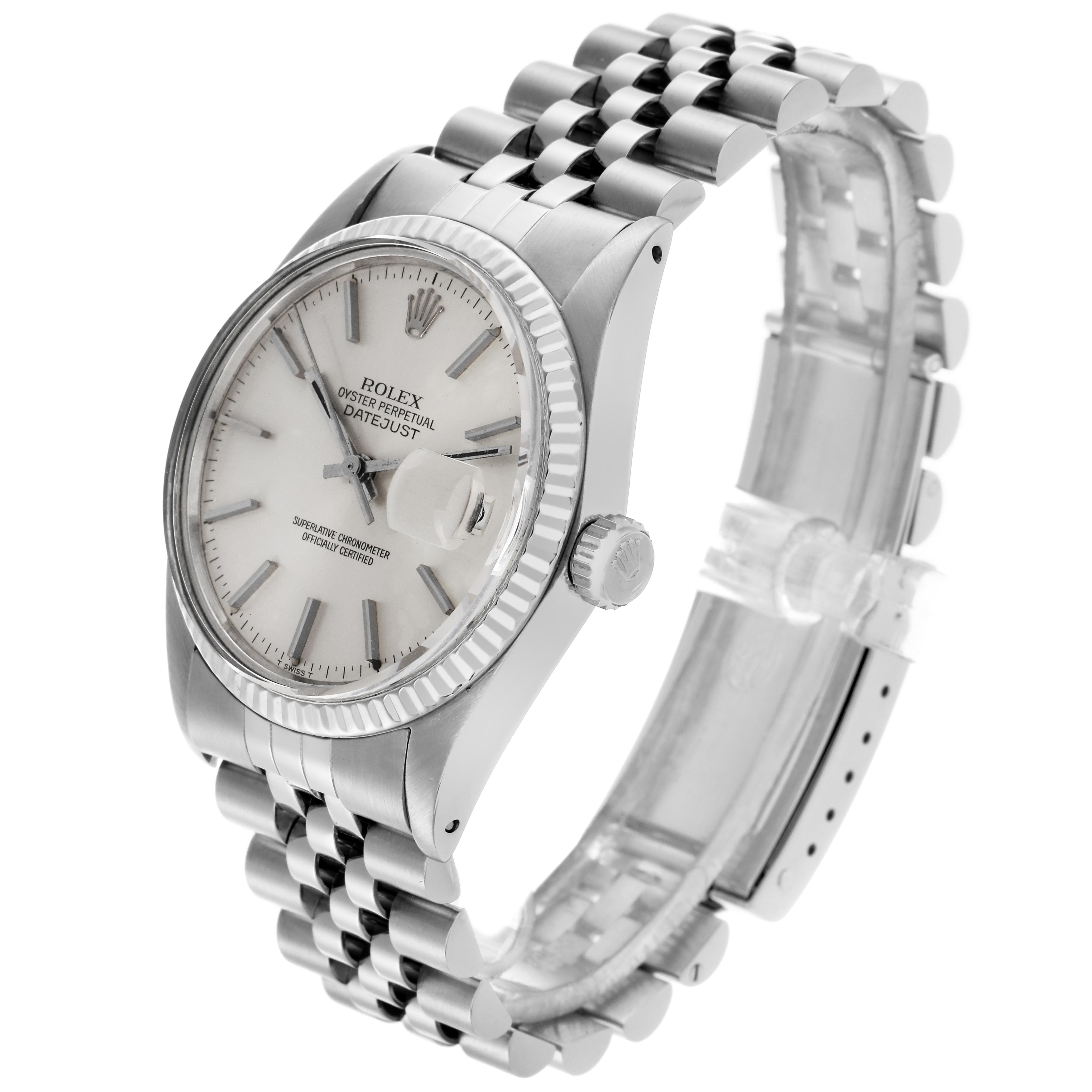 The Rolex Datejust 16014 Men's Stainless Steel Silver Dial 16014 Men's Stainless Steel Silver Dial watch is shown at a three-quarter angle, highlighting the dial, bezel, crown, and bracelet.