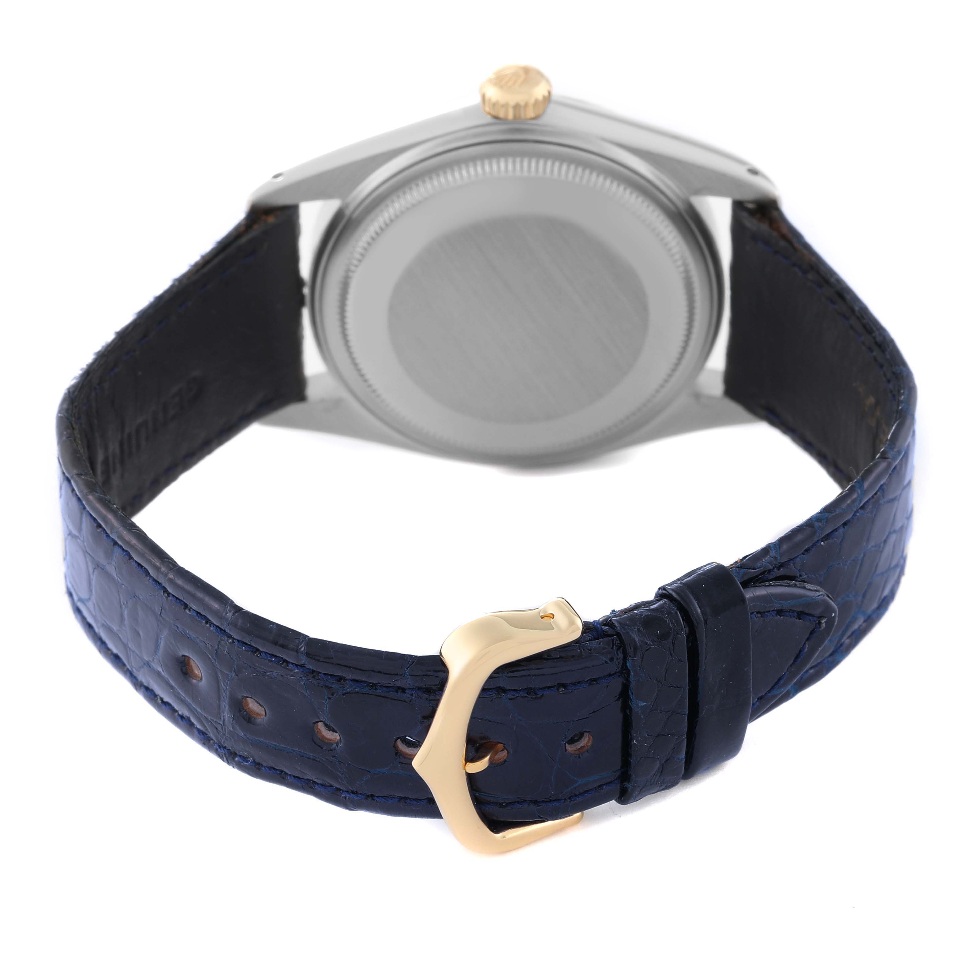 The image shows the back view of the Rolex Vintage Collection 16013 Men's Steel and Gold (two tone) Blue Dial 16013 Men's Steel and Gold (two tone) Blue Dial watch, focusing on the case back, crown, and part of the leather strap with the buckle.