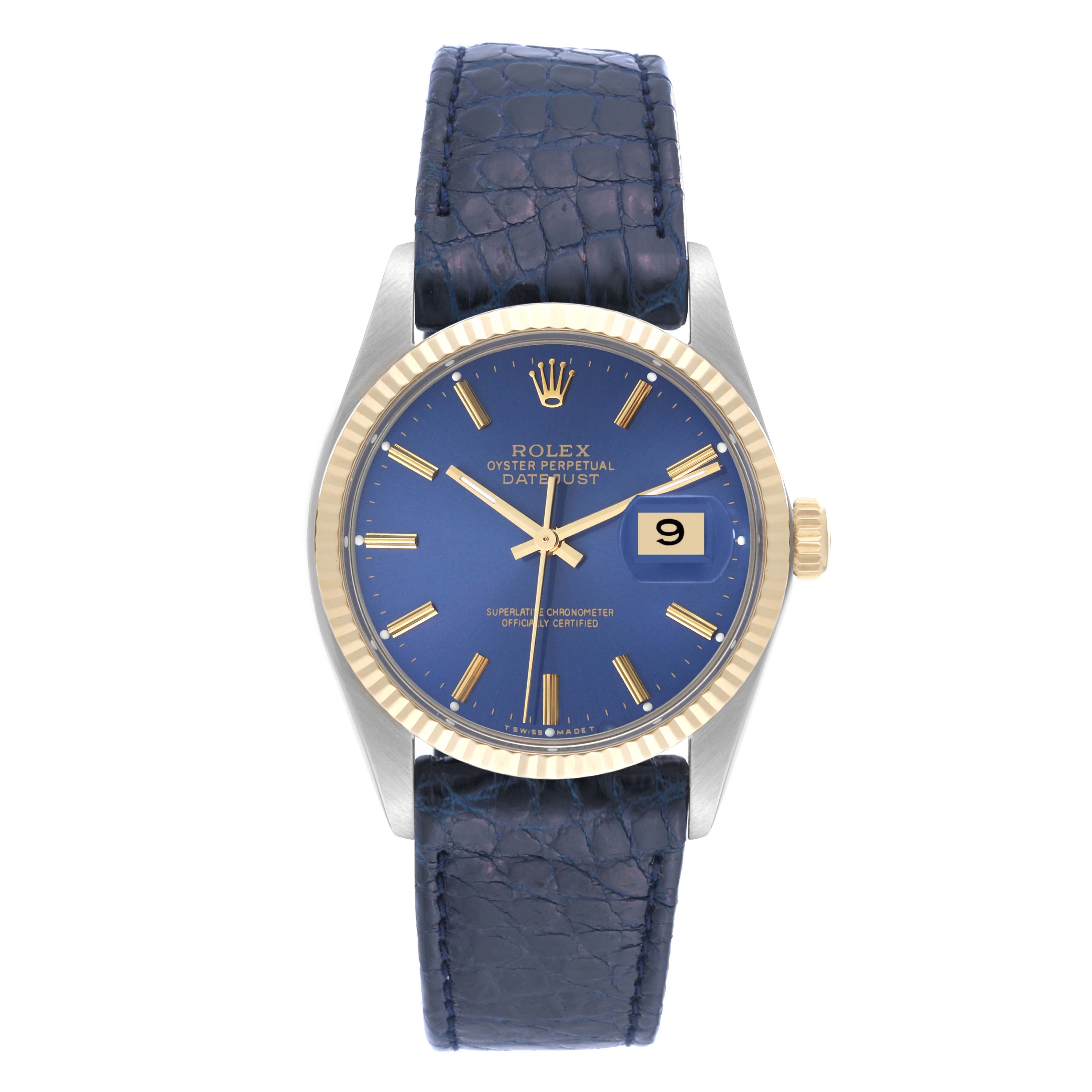 This image shows a front view of a Rolex Vintage Collection 16013 Men's Steel and Gold (two tone) Blue Dial 16013 Men's Steel and Gold (two tone) Blue Dial Oyster Perpetual Datejust with a blue dial and leather strap.