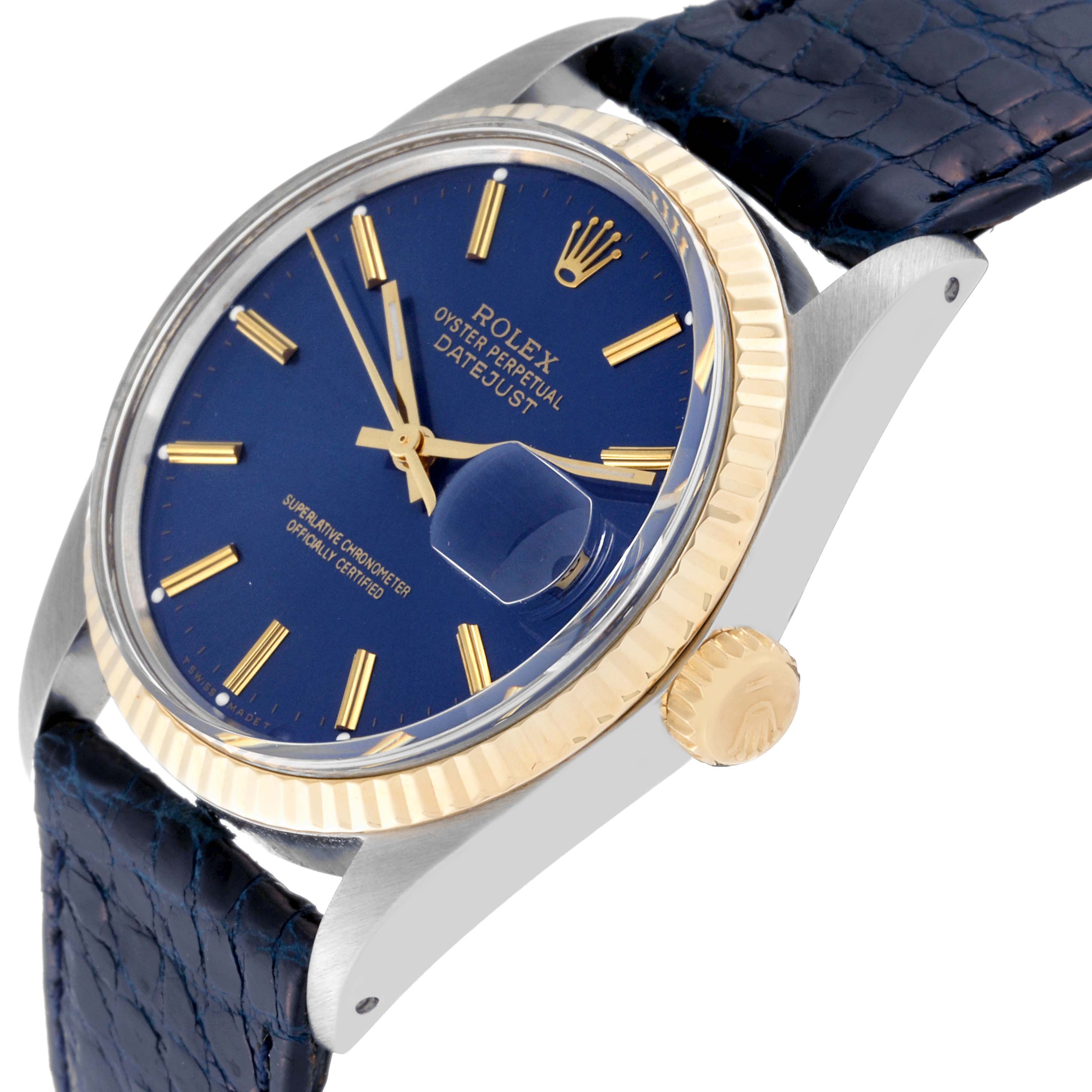 The image shows a side angle of the Rolex Vintage Collection 16013 Men's Steel and Gold (two tone) Blue Dial 16013 Men's Steel and Gold (two tone) Blue Dial Datejust watch, highlighting the blue dial, gold bezel, and crown.