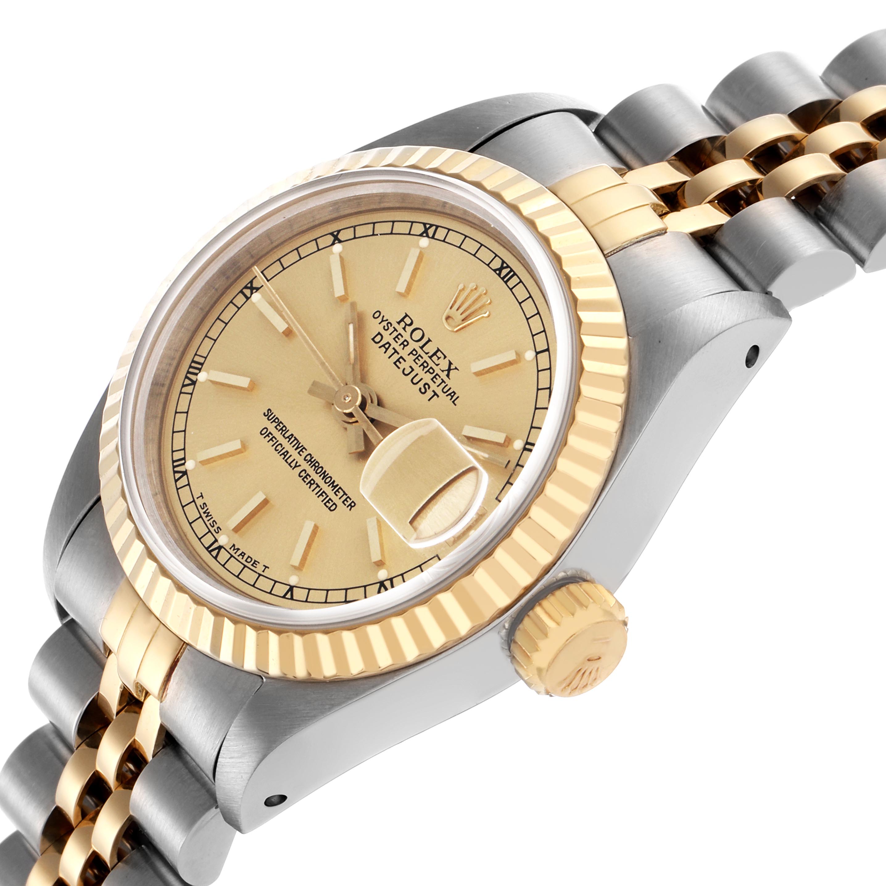 The Rolex Datejust 69173 Women's Steel and Gold (two tone) Champagne Dial 69173 Women's Steel and Gold (two tone) Champagne Dial watch is shown at an angled side view, highlighting the dial, fluted bezel, crown, and two-tone bracelet.