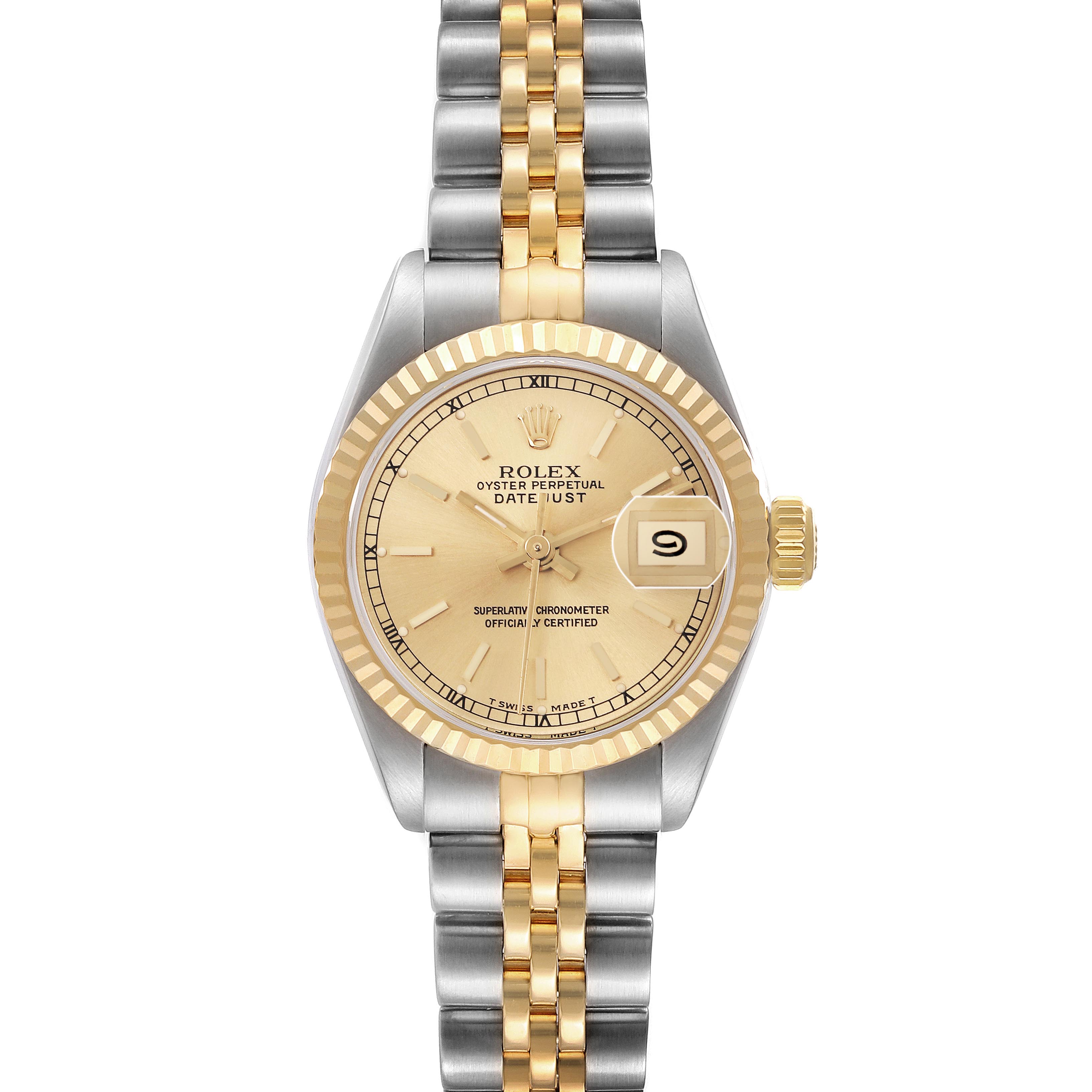 This Rolex Datejust 69173 Women's Steel and Gold (two tone) Champagne Dial 69173 Women's Steel and Gold (two tone) Champagne Dial watch is shown from the front, highlighting the dial, bezel, and two-tone bracelet.