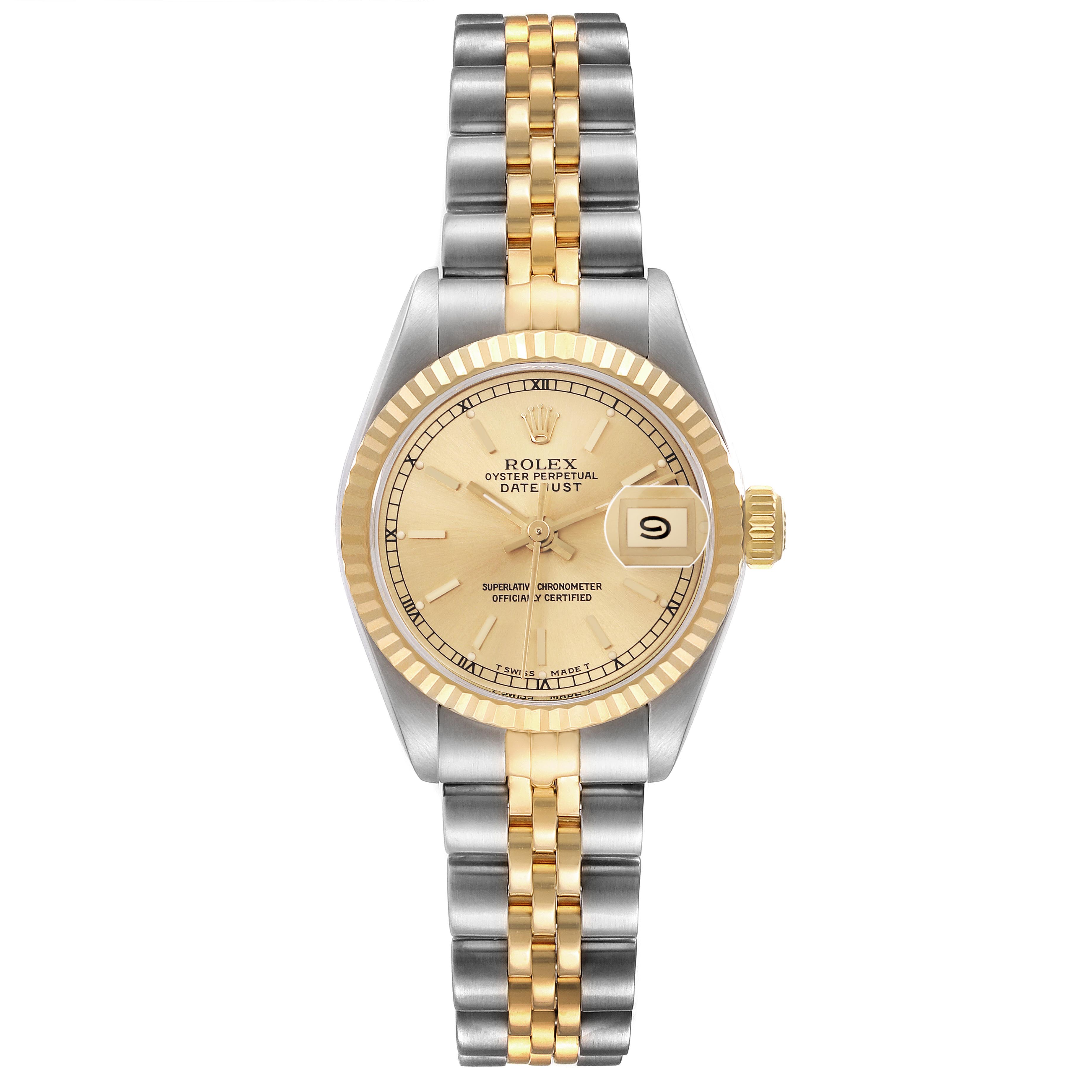 The Rolex Datejust 69173 Women's Steel and Gold (two tone) Champagne Dial 69173 Women's Steel and Gold (two tone) Champagne Dial watch is shown from the front, highlighting the dial, bezel, and two-tone bracelet.