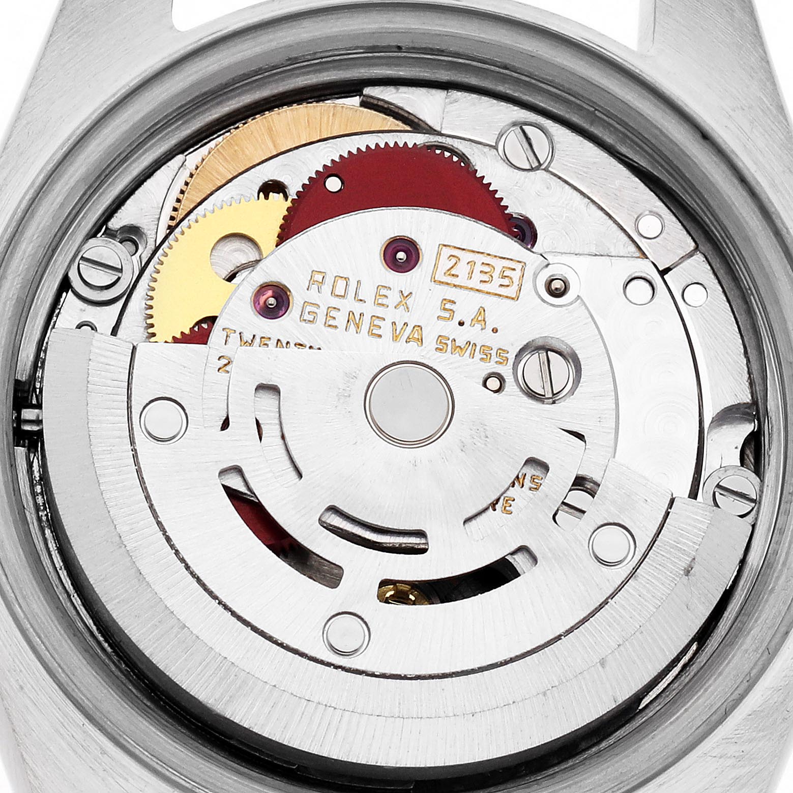 The image shows the movement mechanism of a Rolex Datejust 69173 Women's Steel and Gold (two tone) Champagne Dial 69173 Women's Steel and Gold (two tone) Champagne Dial watch from a top-down angle, revealing gears and the rotor.