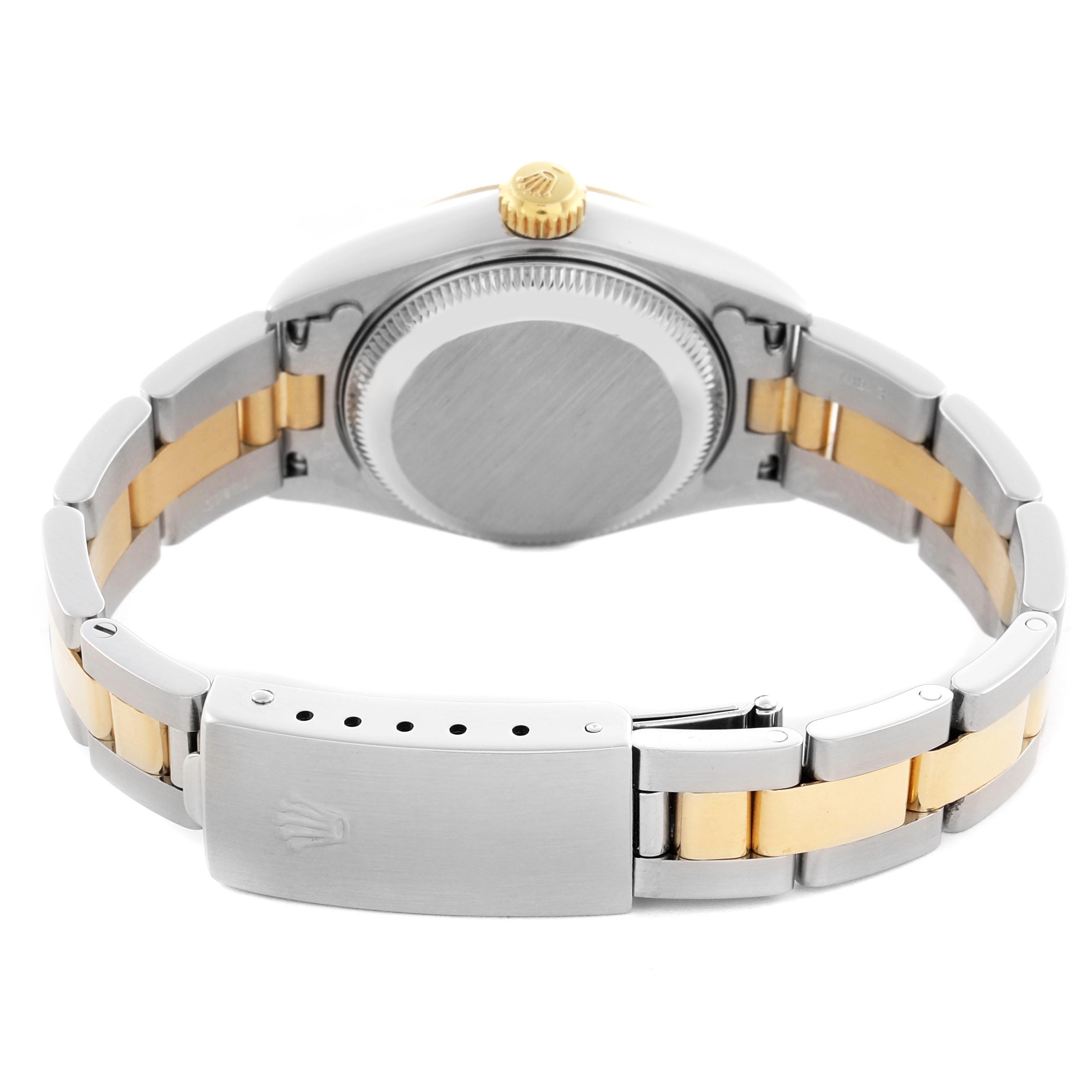 The Rolex Datejust 79163 Women's Steel and Gold (two tone) Grey Dial 79163 Women's Steel and Gold (two tone) Grey Dial watch is shown from the back, highlighting the bracelet, clasp, and case back.