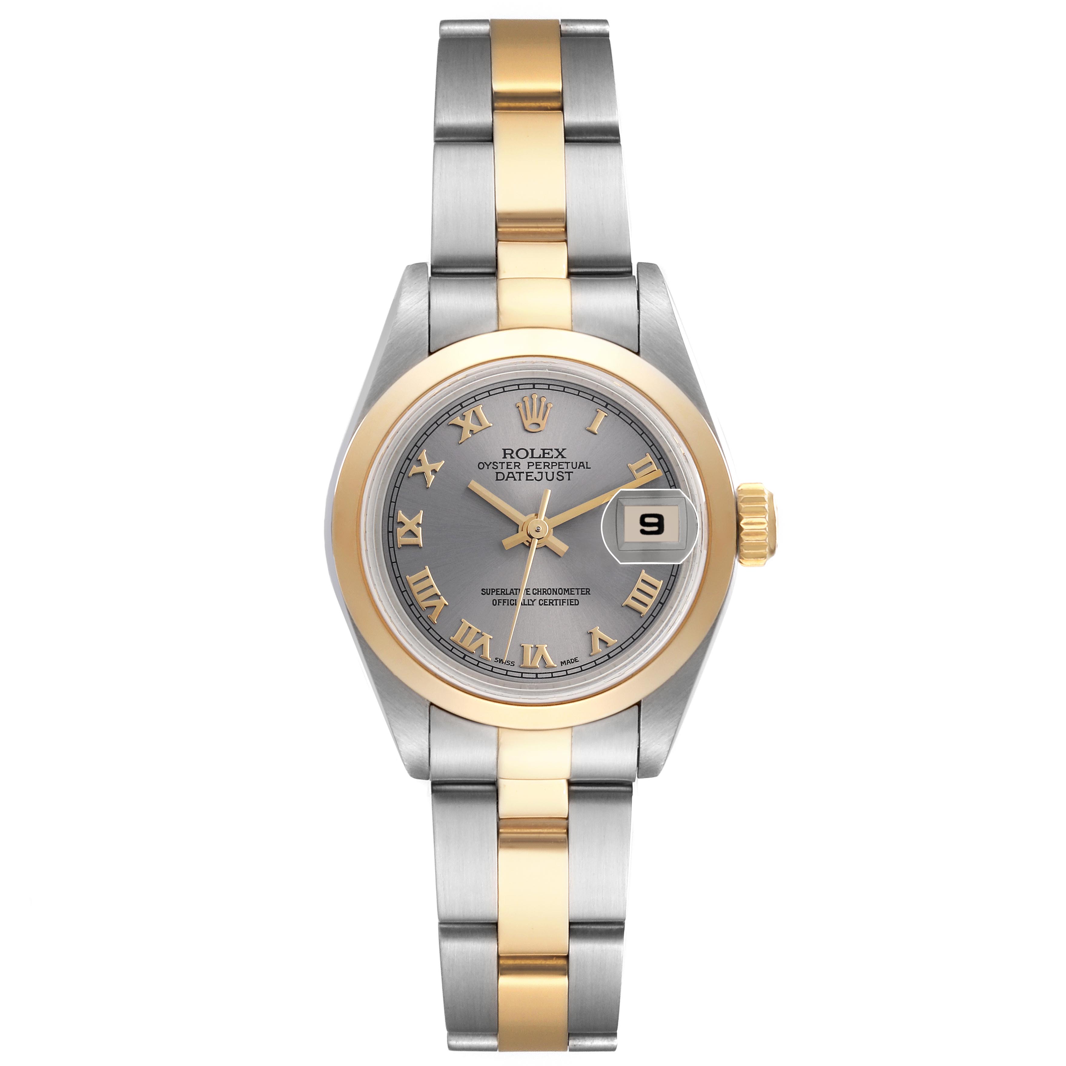 This Rolex Datejust 79163 Women's Steel and Gold (two tone) Grey Dial 79163 Women's Steel and Gold (two tone) Grey Dial watch is shown from a top view, highlighting the two-tone bracelet, gold bezel, and grey dial with date window.