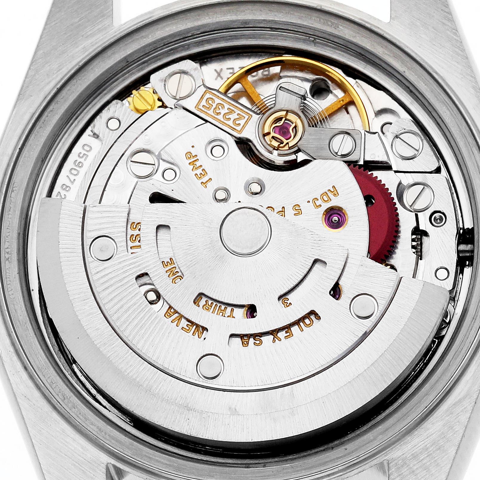 The image shows the movement and internal mechanism of a Rolex Datejust 79163 Women's Steel and Gold (two tone) Grey Dial 79163 Women's Steel and Gold (two tone) Grey Dial watch from a top-down angle.