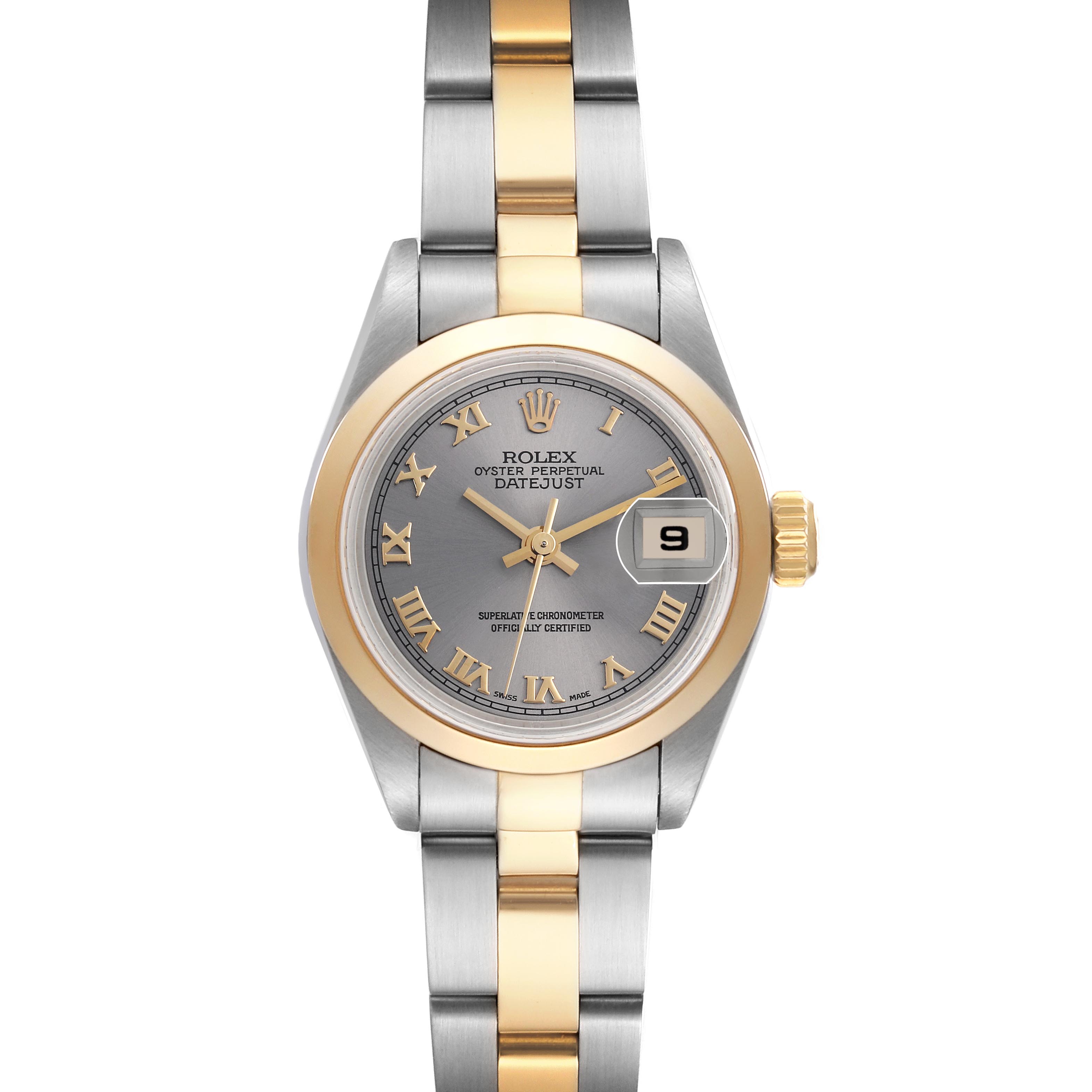 The Rolex Datejust 79163 Women's Steel and Gold (two tone) Grey Dial 79163 Women's Steel and Gold (two tone) Grey Dial watch is shown from a top-down angle, highlighting the dial, bezel, and two-tone bracelet.