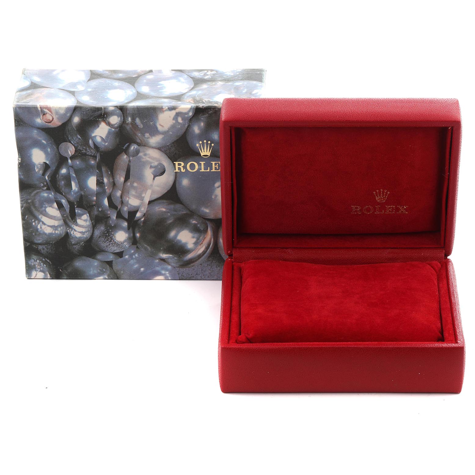 The image shows a Rolex Datejust 79163 Women's Steel and Gold (two tone) Grey Dial 79163 Women's Steel and Gold (two tone) Grey Dial watch box from a front angle, featuring a red interior and an outer packaging with a bubble pattern.