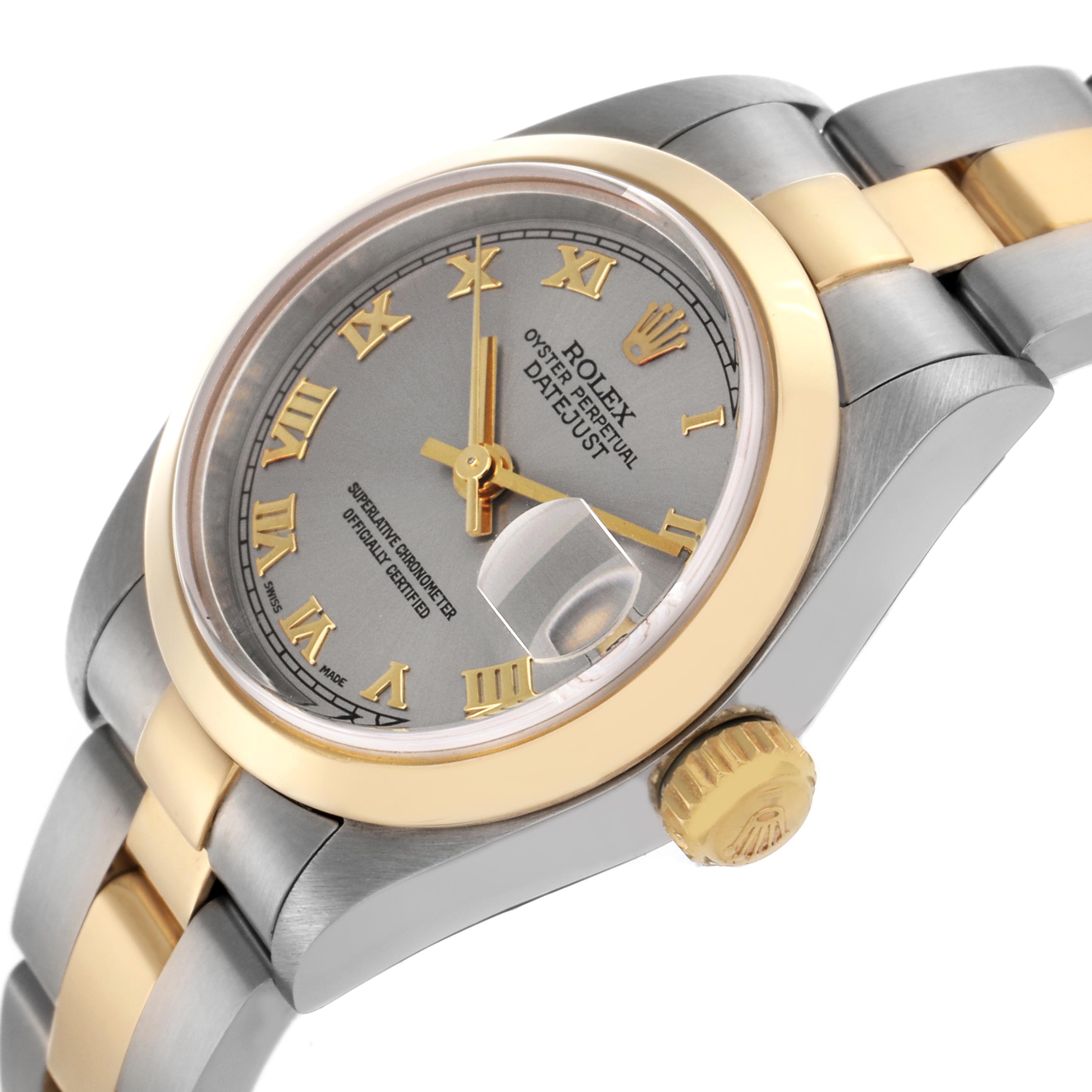 The Rolex Datejust 79163 Women's Steel and Gold (two tone) Grey Dial 79163 Women's Steel and Gold (two tone) Grey Dial watch is shown at an angle displaying the dial, bezel, crown, and part of the bracelet.