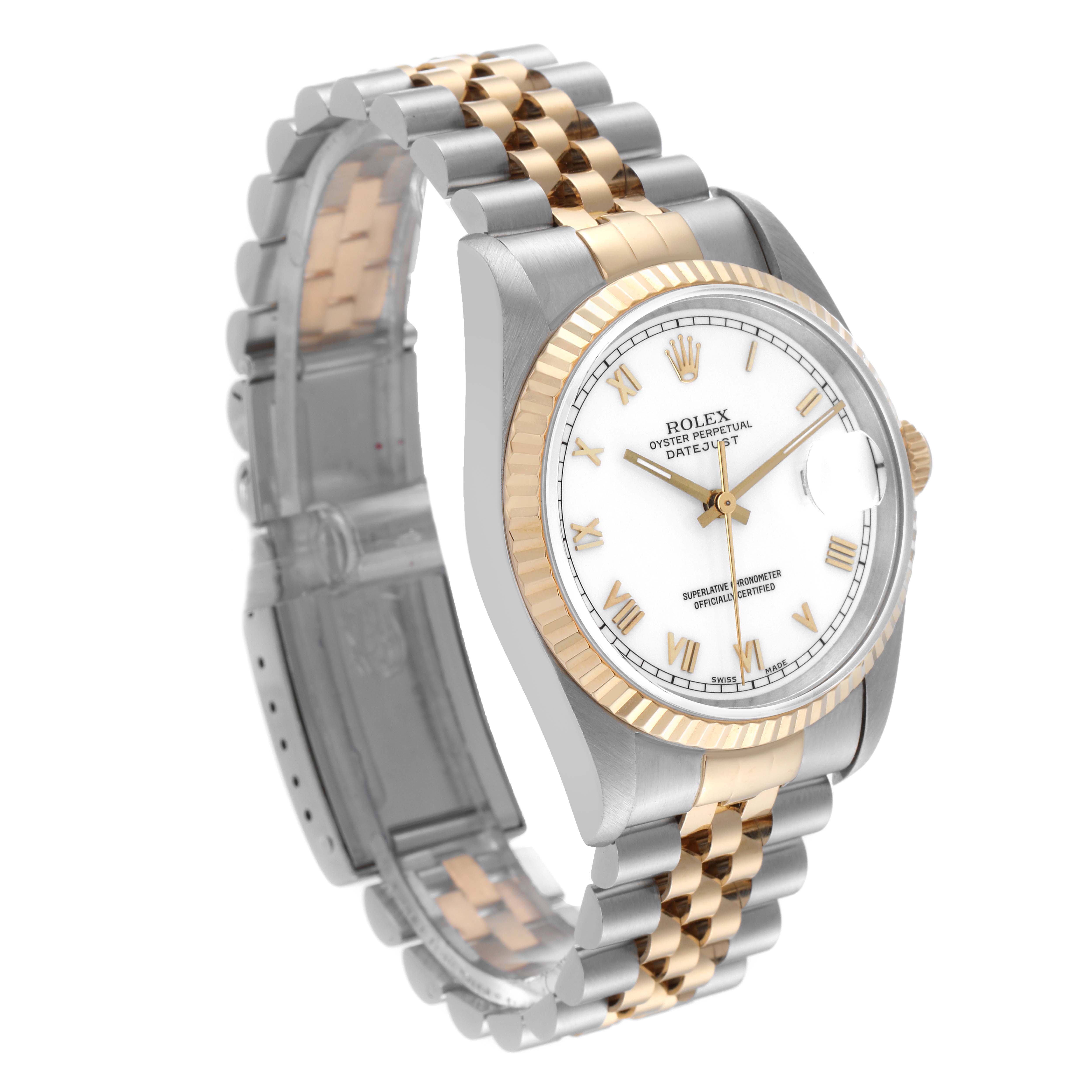 This image shows a Rolex Datejust 16233 Men's Steel and Gold (two tone)  16233 Men's Steel and Gold (two tone)  watch angled to display its dial, bezel, and two-tone Jubilee bracelet.