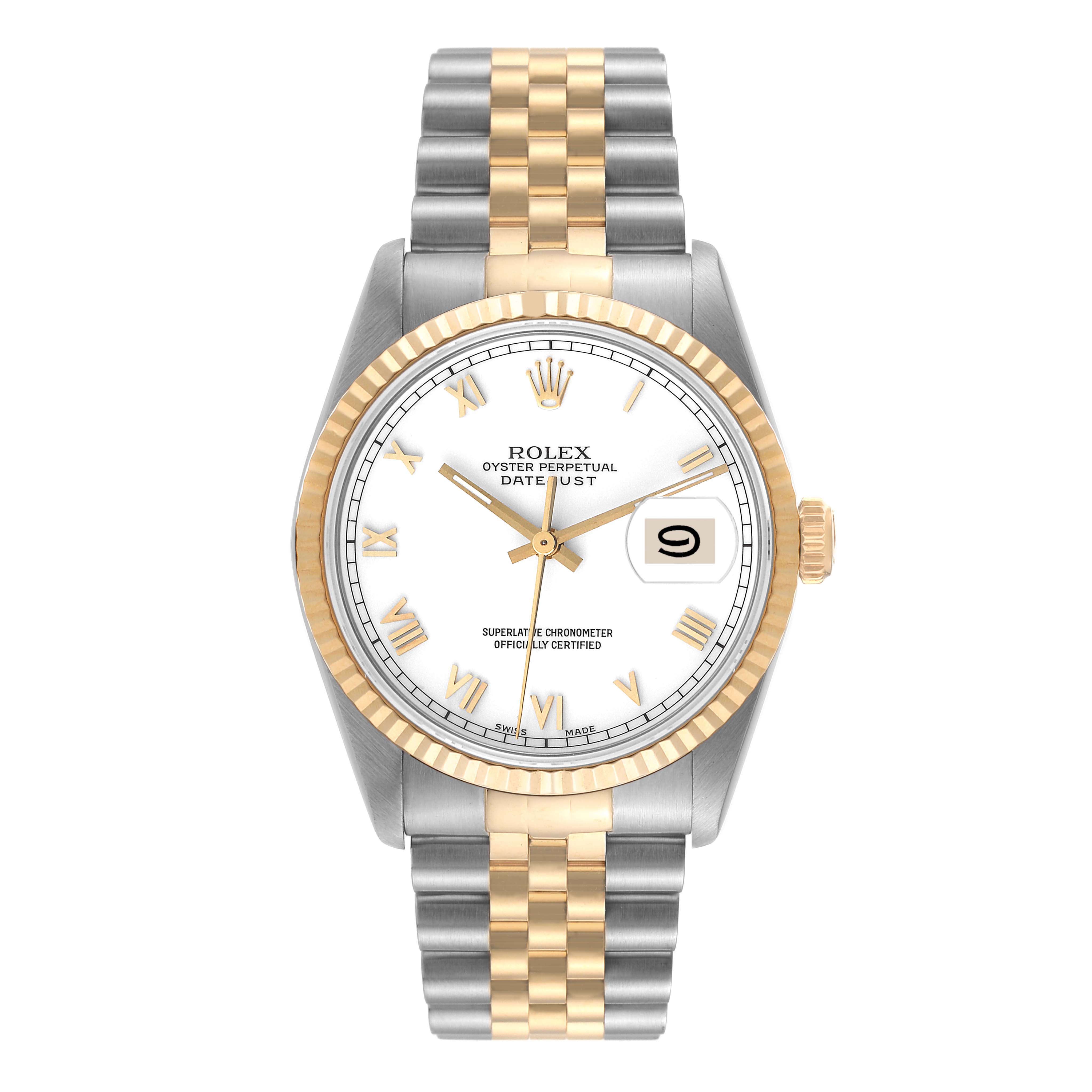 The image shows a Rolex Datejust 16233 Men's Steel and Gold (two tone)  16233 Men's Steel and Gold (two tone)  watch from a top view, highlighting its face, bezel, bracelet, and crown.