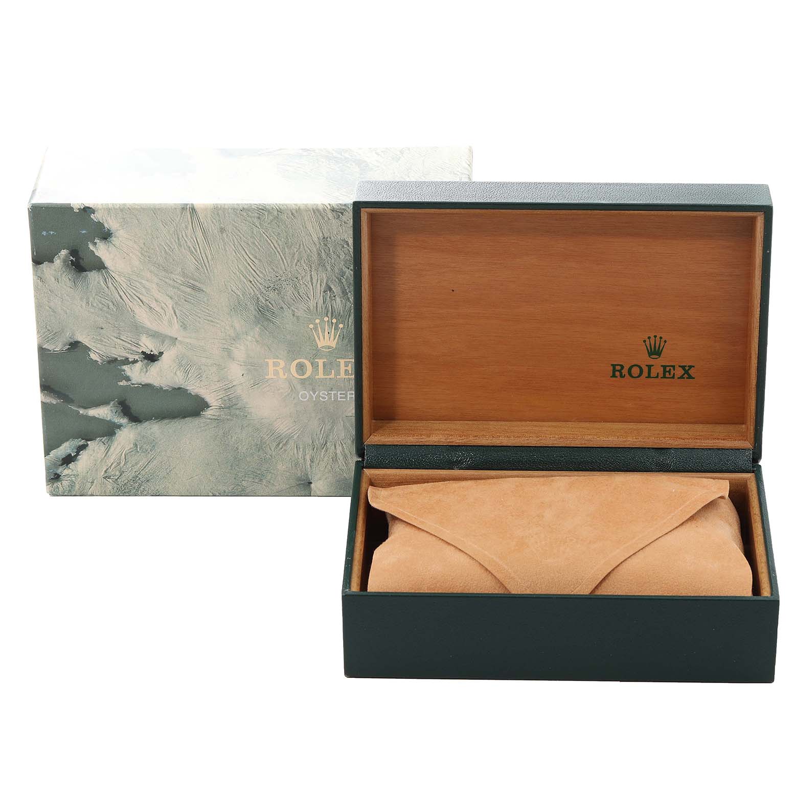 The image shows the packaging of a Rolex Datejust 16233 Men's Steel and Gold (two tone)  16233 Men's Steel and Gold (two tone)  watch, including an open wooden presentation box and an outer box.