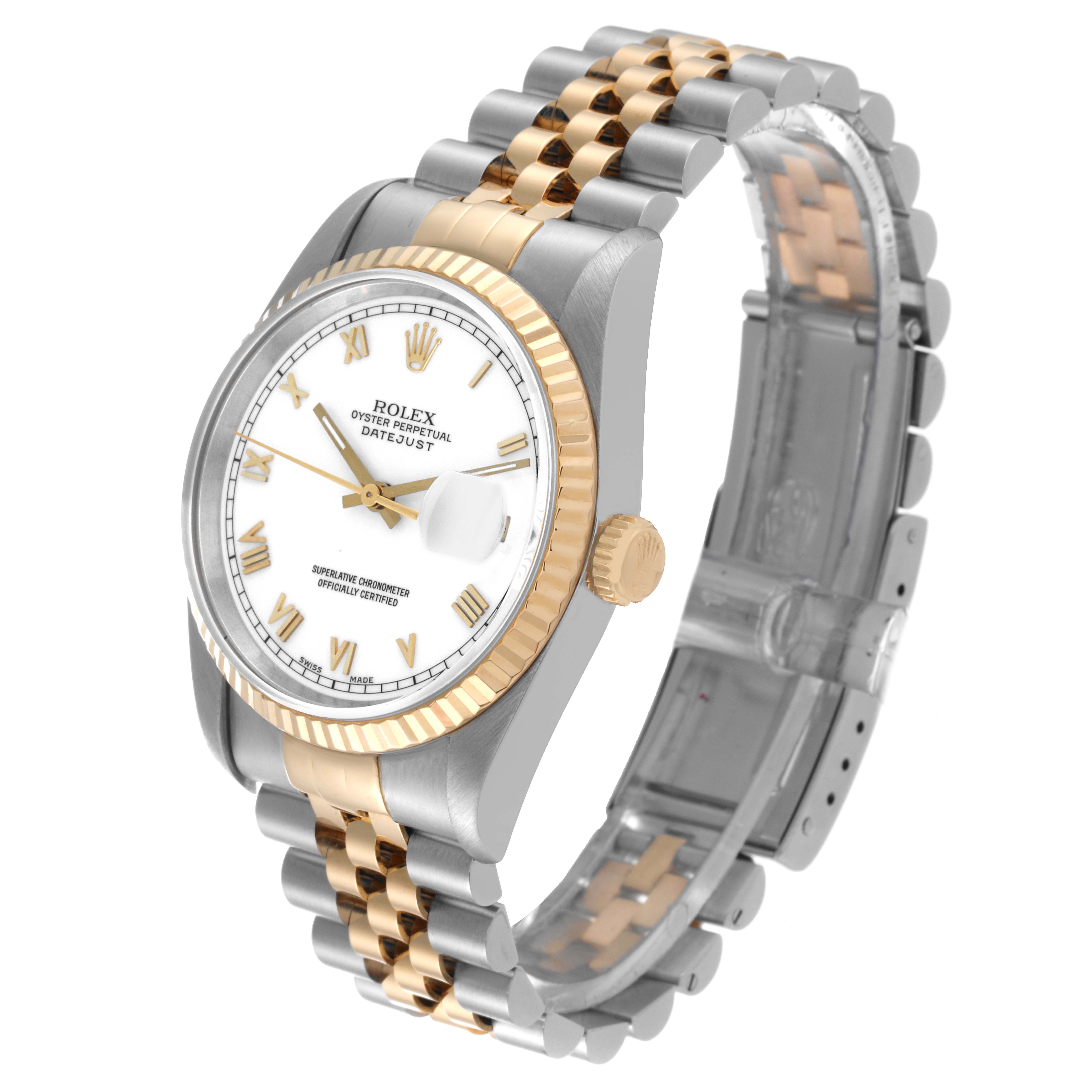 The image shows a side-angle view of the Rolex Datejust 16233 Men's Steel and Gold (two tone)  16233 Men's Steel and Gold (two tone)  watch, highlighting its dial, bezel, crown, and Jubilee bracelet.