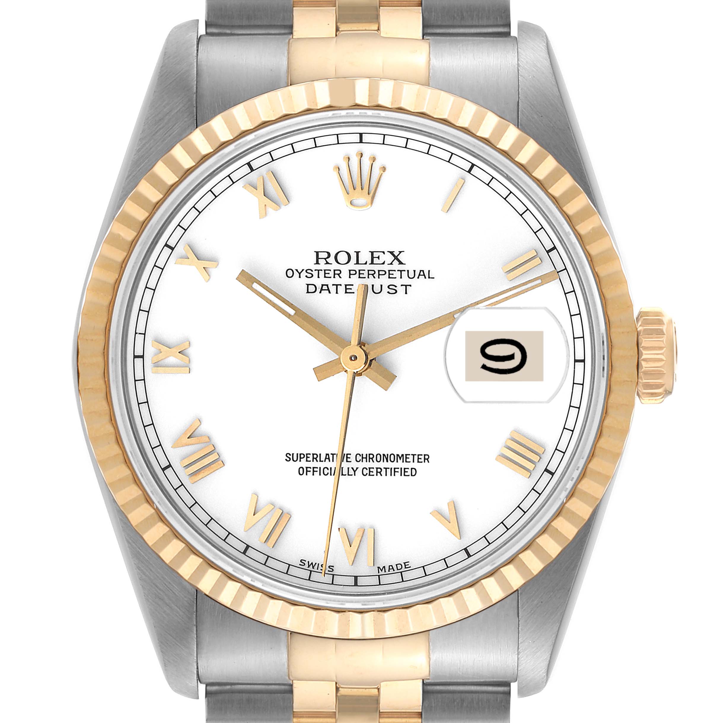 This image shows a front view of the Rolex Datejust 16233 Men's Steel and Gold (two tone)  16233 Men's Steel and Gold (two tone)  watch, highlighting its face, bezel, and part of the bracelet.