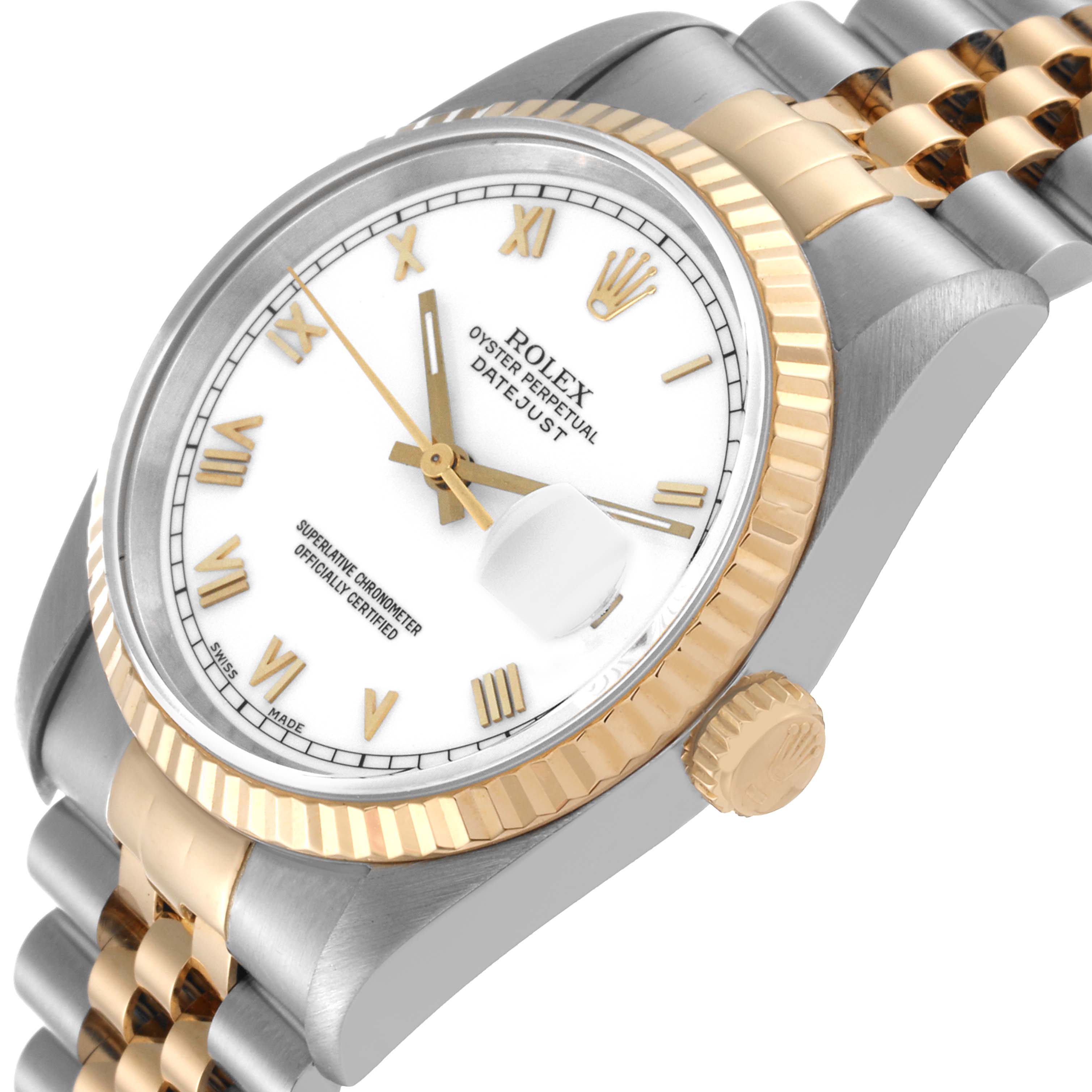 This image shows a side view of the Rolex Datejust 16233 Men's Steel and Gold (two tone)  16233 Men's Steel and Gold (two tone) , highlighting its bezel, crown, and part of the bracelet.