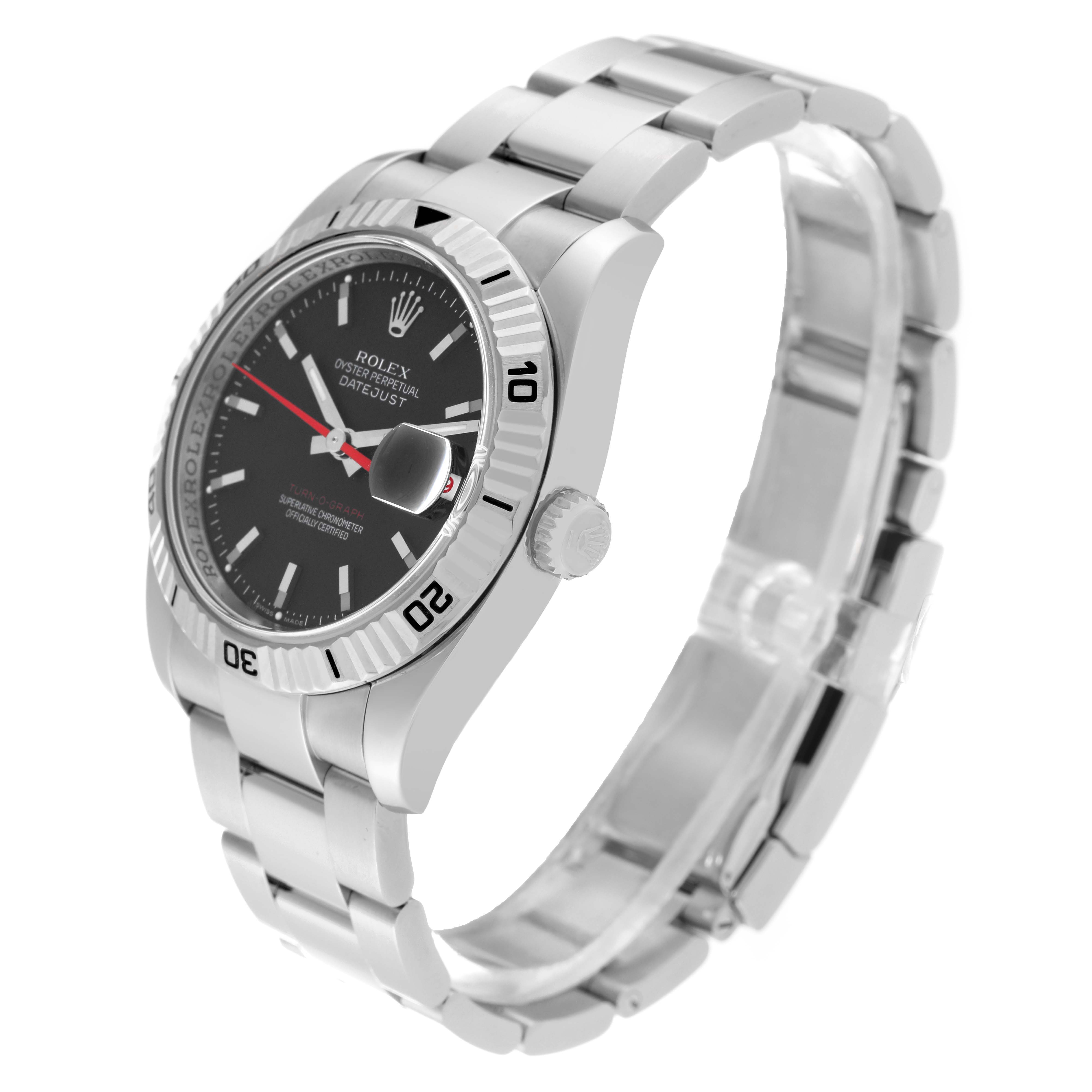 The image shows a side-angle view of the Rolex Turn-o-Graph 116264 Men
s Stainless Steel Black Dial 116264 Men
s Stainless Steel Black Dial watch, highlighting its bezel, dial, bracelet, and crown.