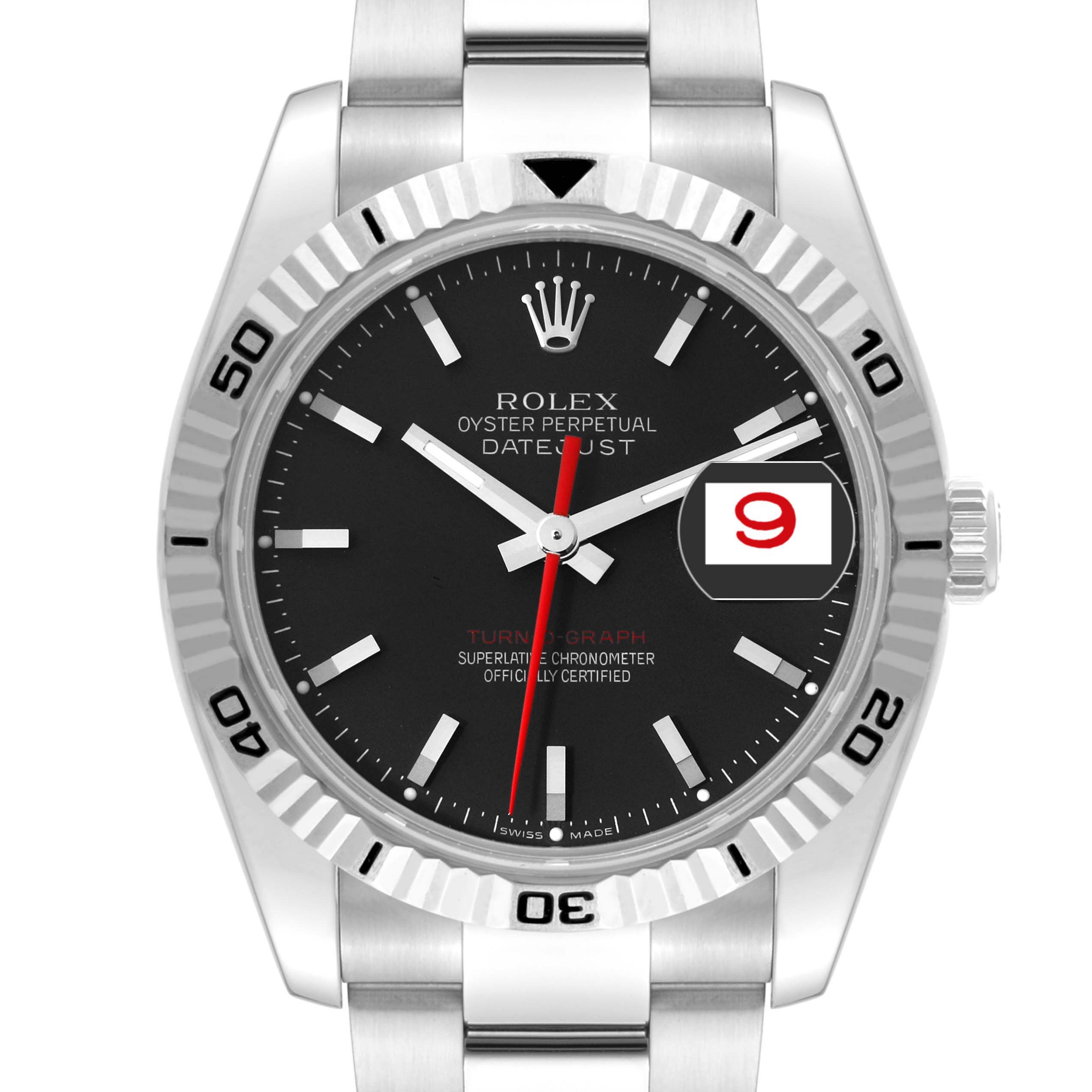 This Rolex Turn-o-Graph 116264 Men
s Stainless Steel Black Dial 116264 Men
s Stainless Steel Black Dial watch is shown from a front angle displaying the face, bezel, and part of the bracelet.