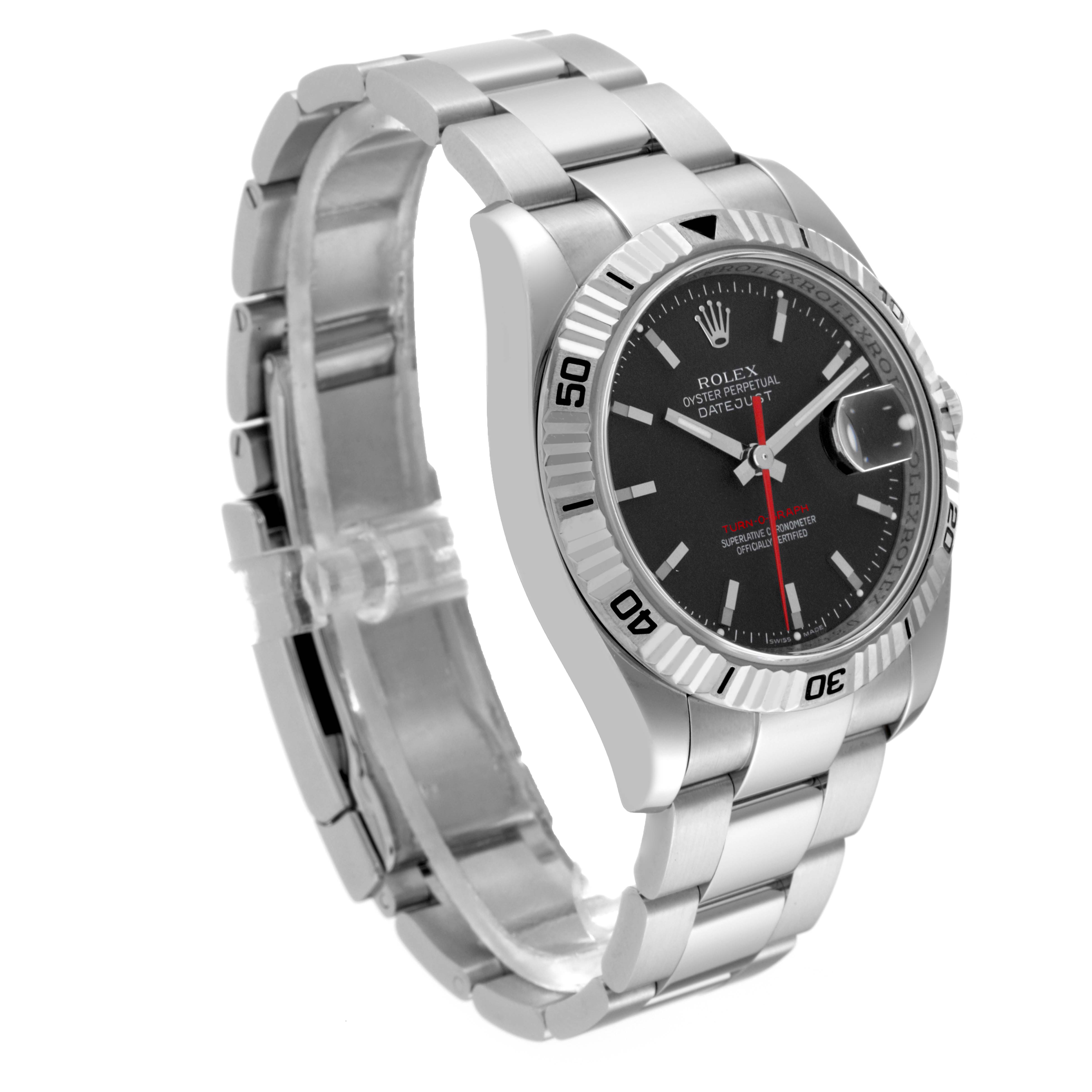 The Rolex Turn-o-Graph 116264 Men
s Stainless Steel Black Dial 116264 Men
s Stainless Steel Black Dial watch is shown at a slight angle, highlighting its face, bezel, and stainless steel bracelet.