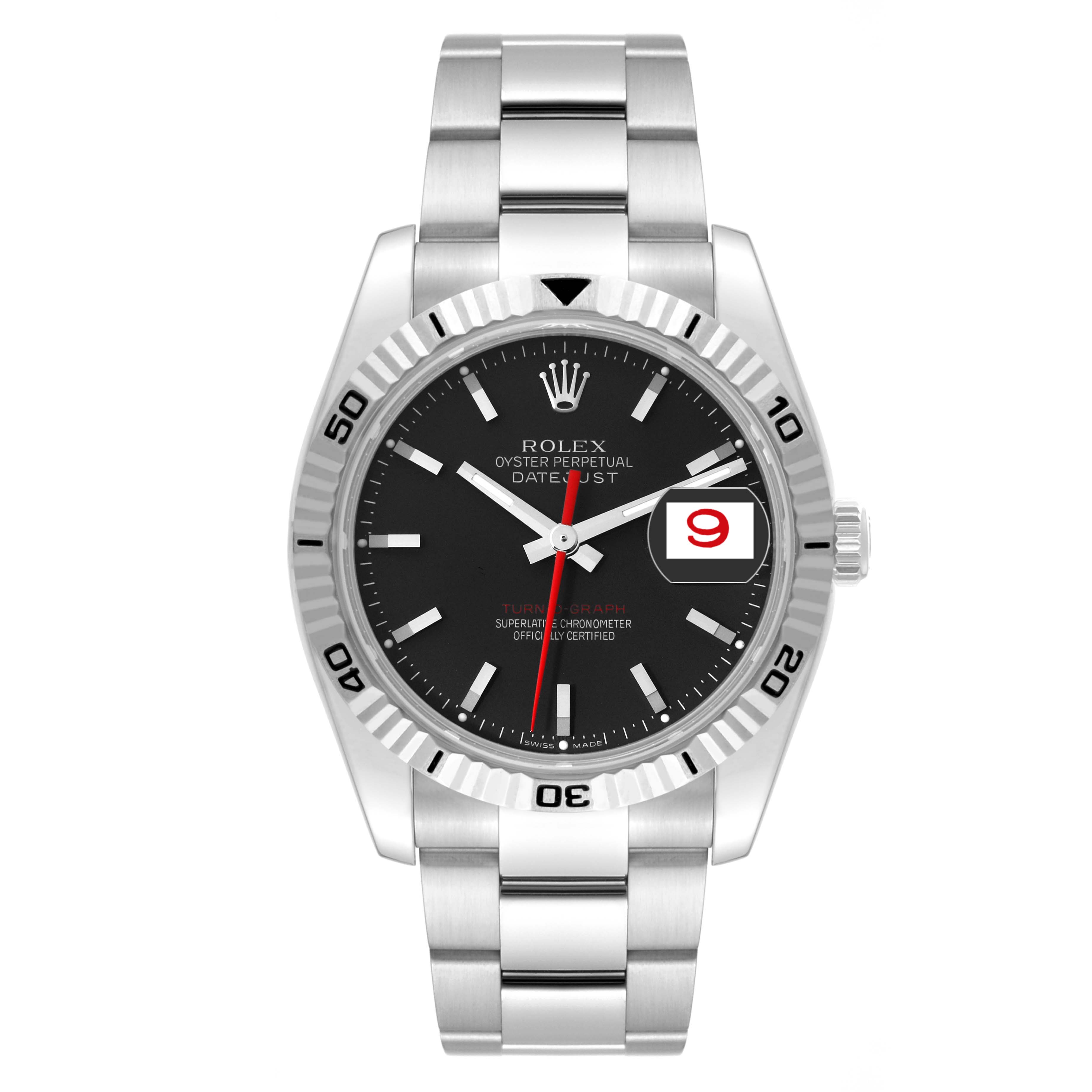 This image shows the front view of a Rolex Turn-o-Graph 116264 Men
s Stainless Steel Black Dial 116264 Men
s Stainless Steel Black Dial watch, displaying its dial, bezel, and bracelet.