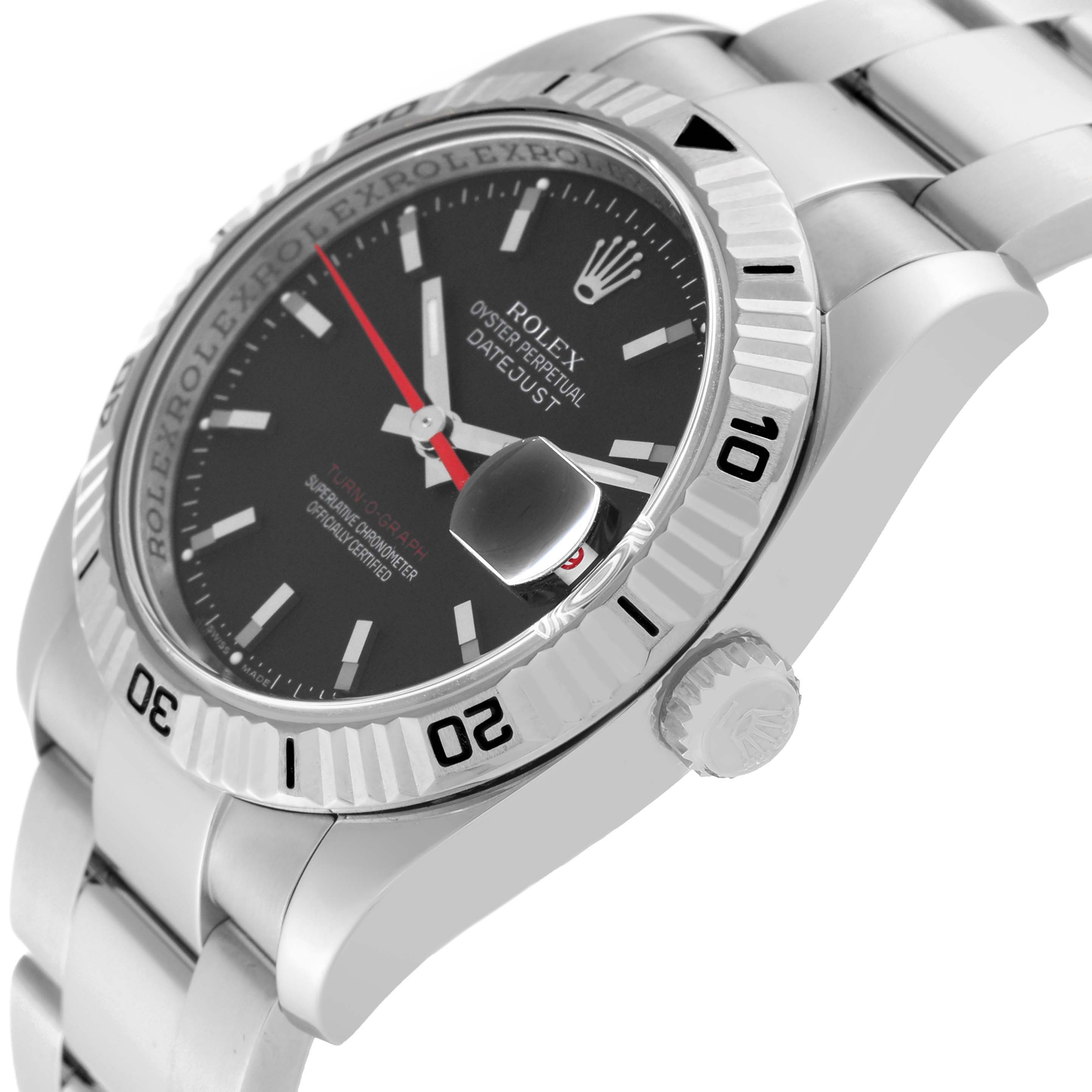 The image shows a close-up side angle of the Rolex Turn-o-Graph 116264 Men
s Stainless Steel Black Dial 116264 Men
s Stainless Steel Black Dial watch, highlighting the bezel, dial, and crown.