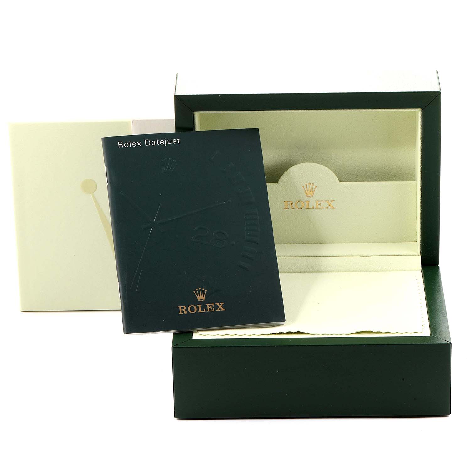 The image shows the packaging, instruction booklet, and inner box of a Rolex Turn-o-Graph 116264 Men
s Stainless Steel White Dial 116264 Men
s Stainless Steel White Dial watch.