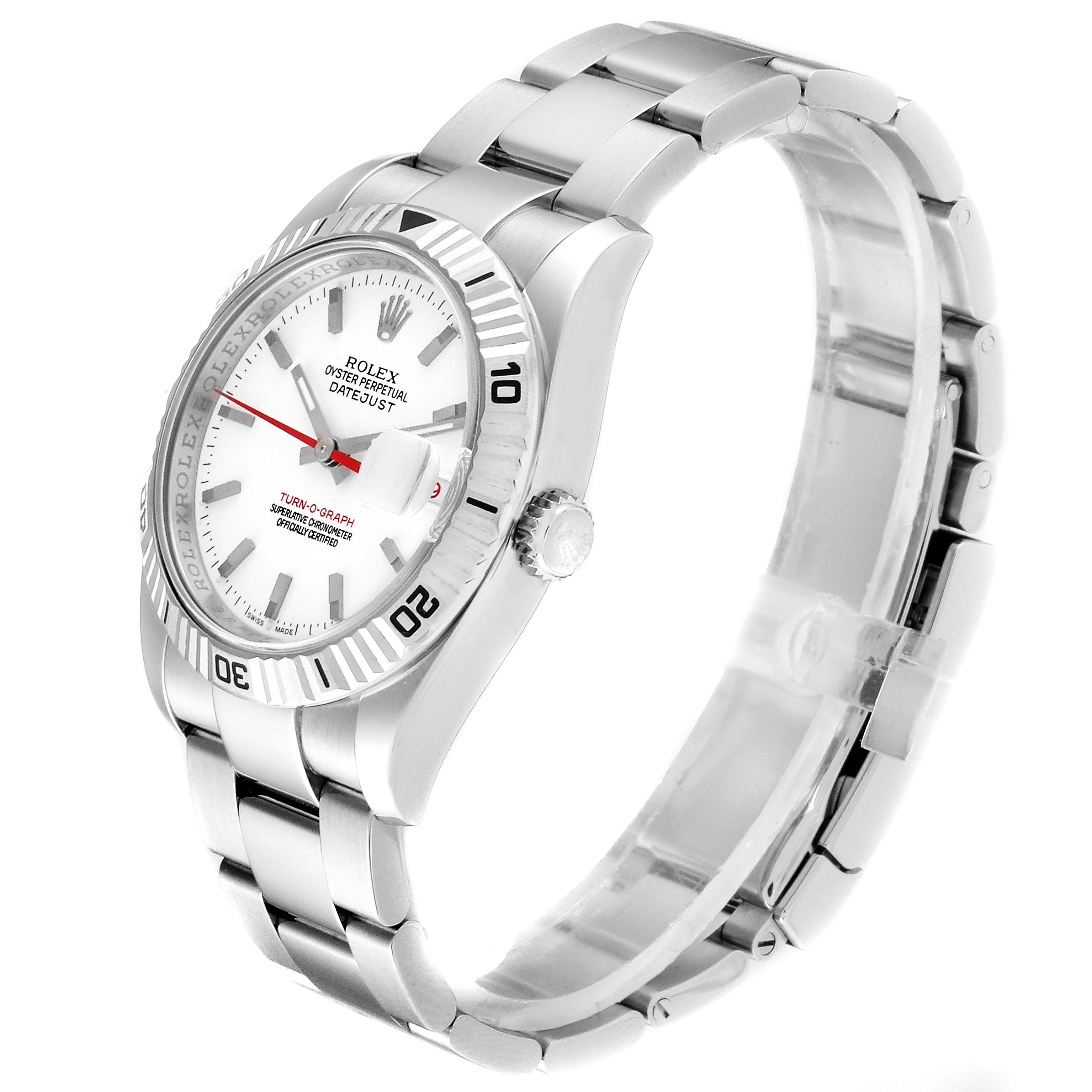 The image shows a Rolex Turn-o-Graph 116264 Men
s Stainless Steel White Dial 116264 Men
s Stainless Steel White Dial watch at a three-quarter angle, highlighting its silver bracelet, bezel, and dial.