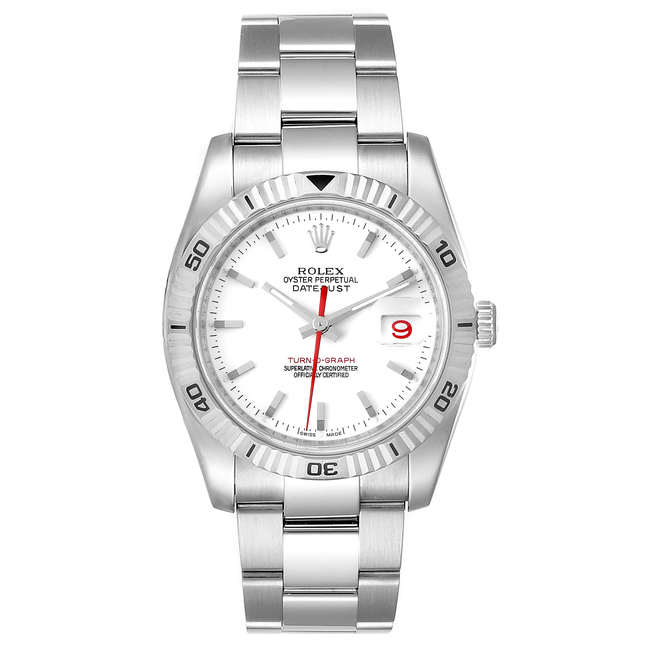 The image shows a front view of a Rolex Turn-o-Graph 116264 Men
s Stainless Steel White Dial 116264 Men
s Stainless Steel White Dial watch, displaying the watch face, bezel, and bracelet.