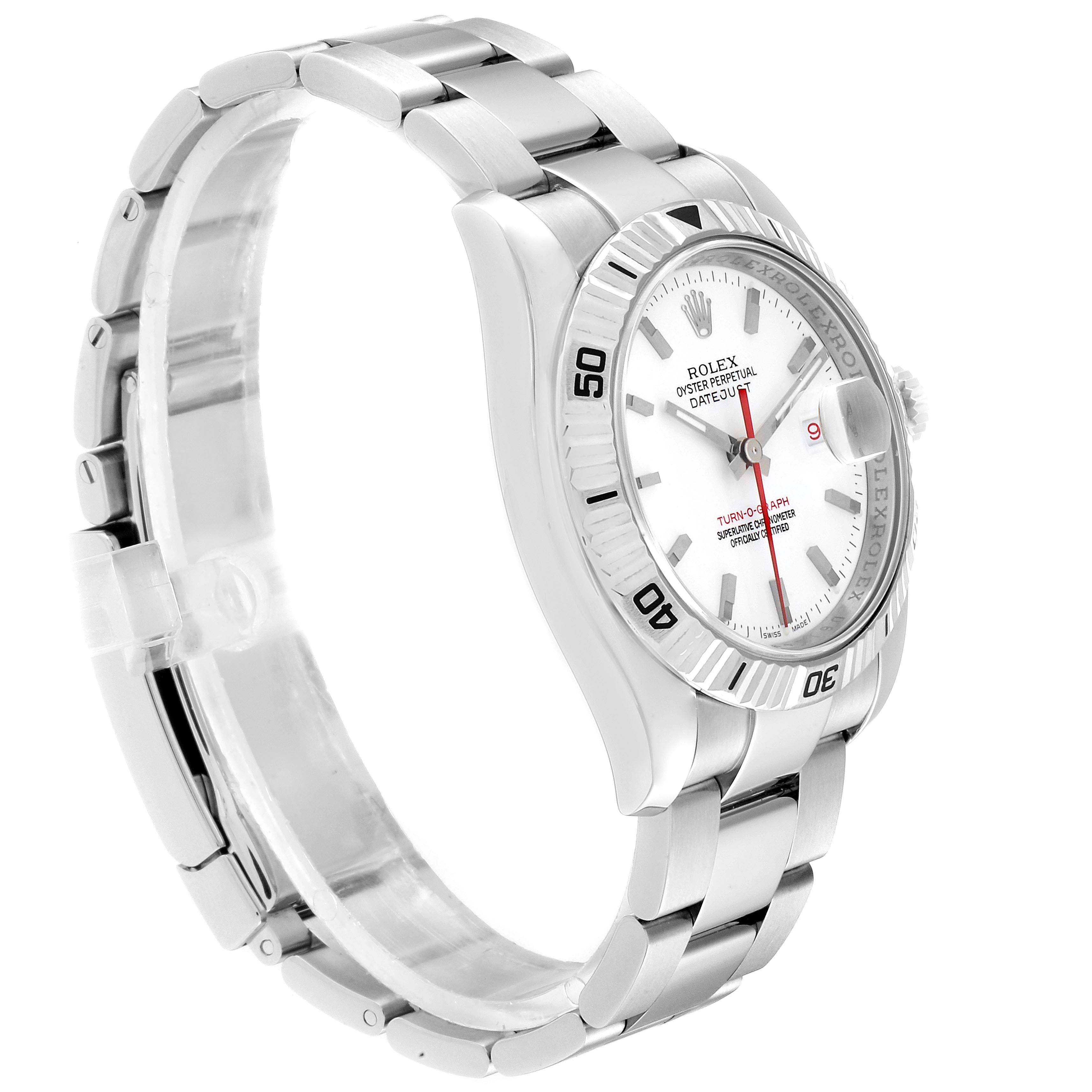 The Rolex Turn-o-Graph 116264 Men
s Stainless Steel White Dial 116264 Men
s Stainless Steel White Dial watch is shown at a side angle, highlighting the bezel, dial, bracelet, and crown.