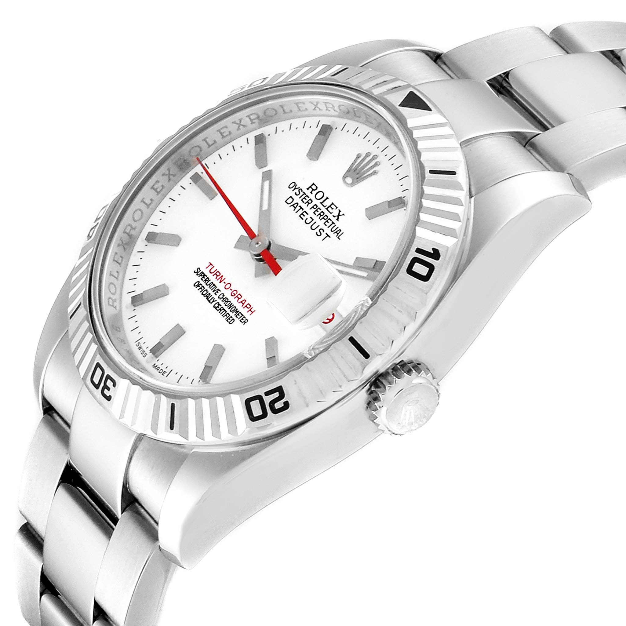The image shows a side angle view of the Rolex Turn-o-Graph 116264 Men
s Stainless Steel White Dial 116264 Men
s Stainless Steel White Dial watch, highlighting the bezel, dial, crown, and bracelet.