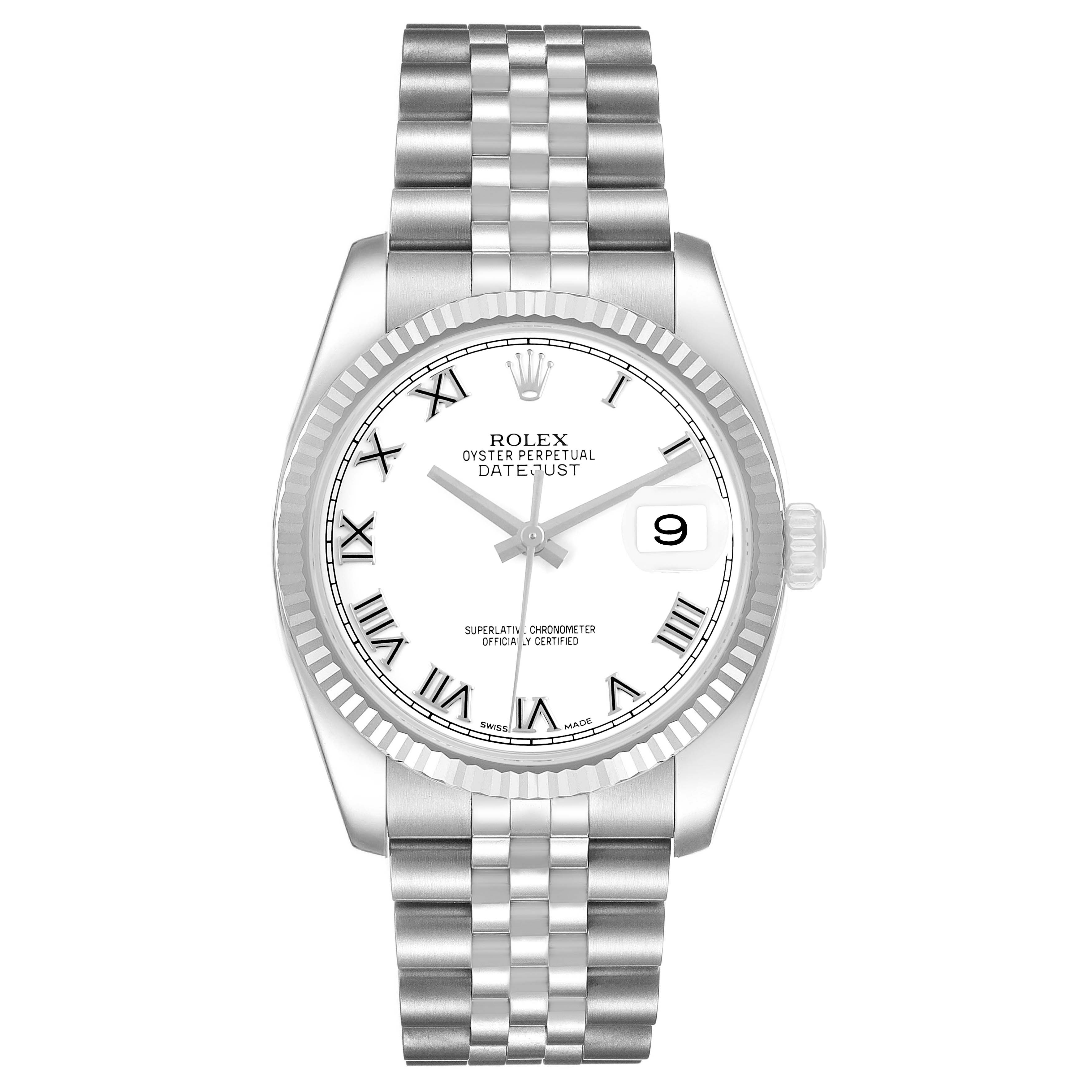 The Rolex Datejust 116234 Men's Stainless Steel White Dial watch is shown from the front, displaying its face, Roman numerals, bezel, and bracelet.
