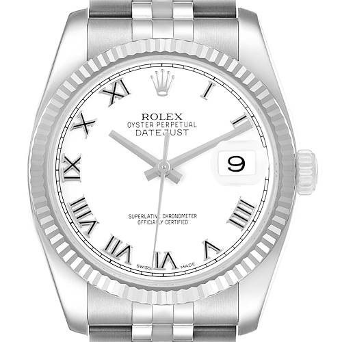 The image shows a front view of a Rolex Datejust 116234 Men's Stainless Steel White Dial watch, highlighting the dial, fluted bezel, and bracelet.
