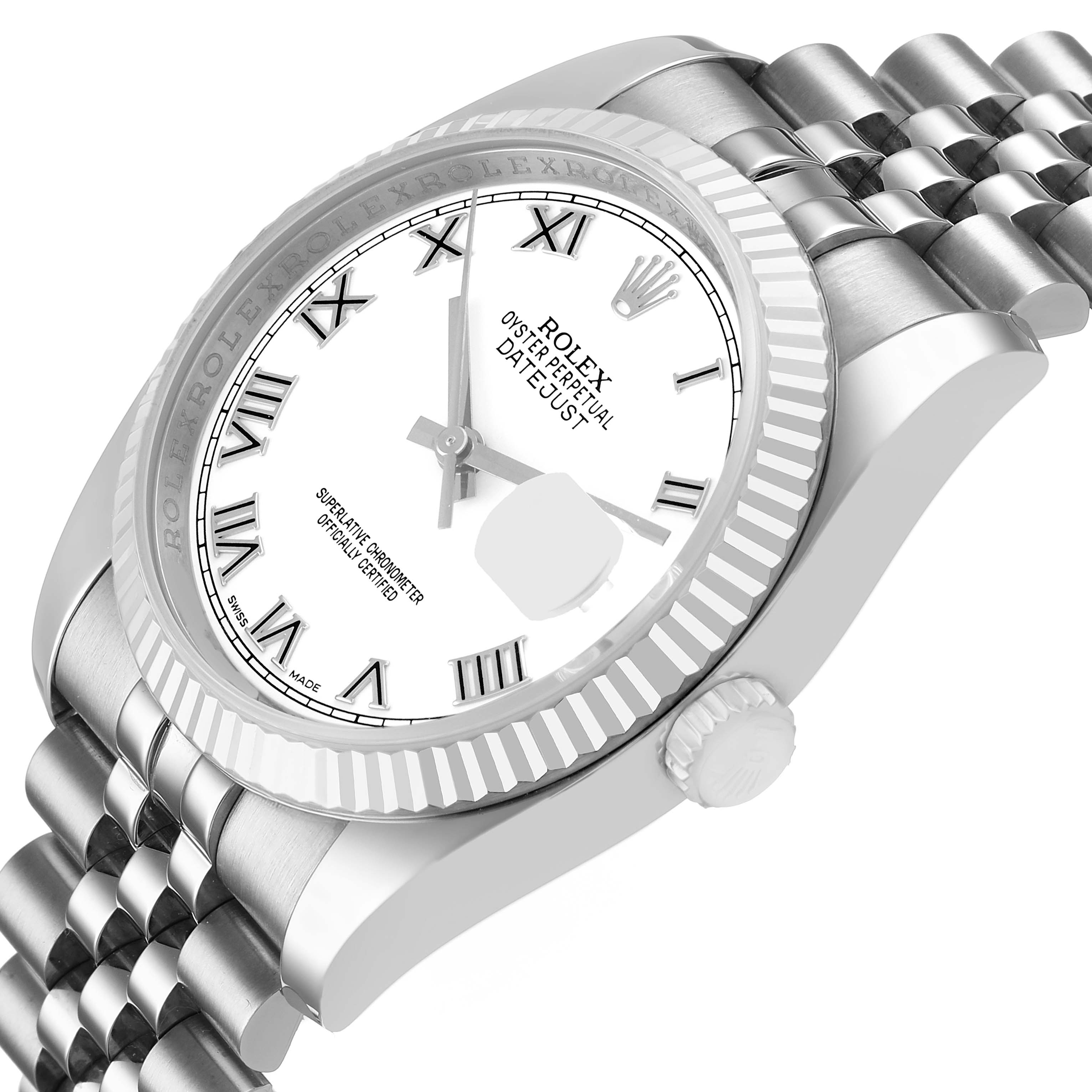 The Rolex Datejust 116234 Men's Stainless Steel White Dial watch is shown at an angled side view, highlighting the dial, bezel, case, crown, and Jubilee bracelet.